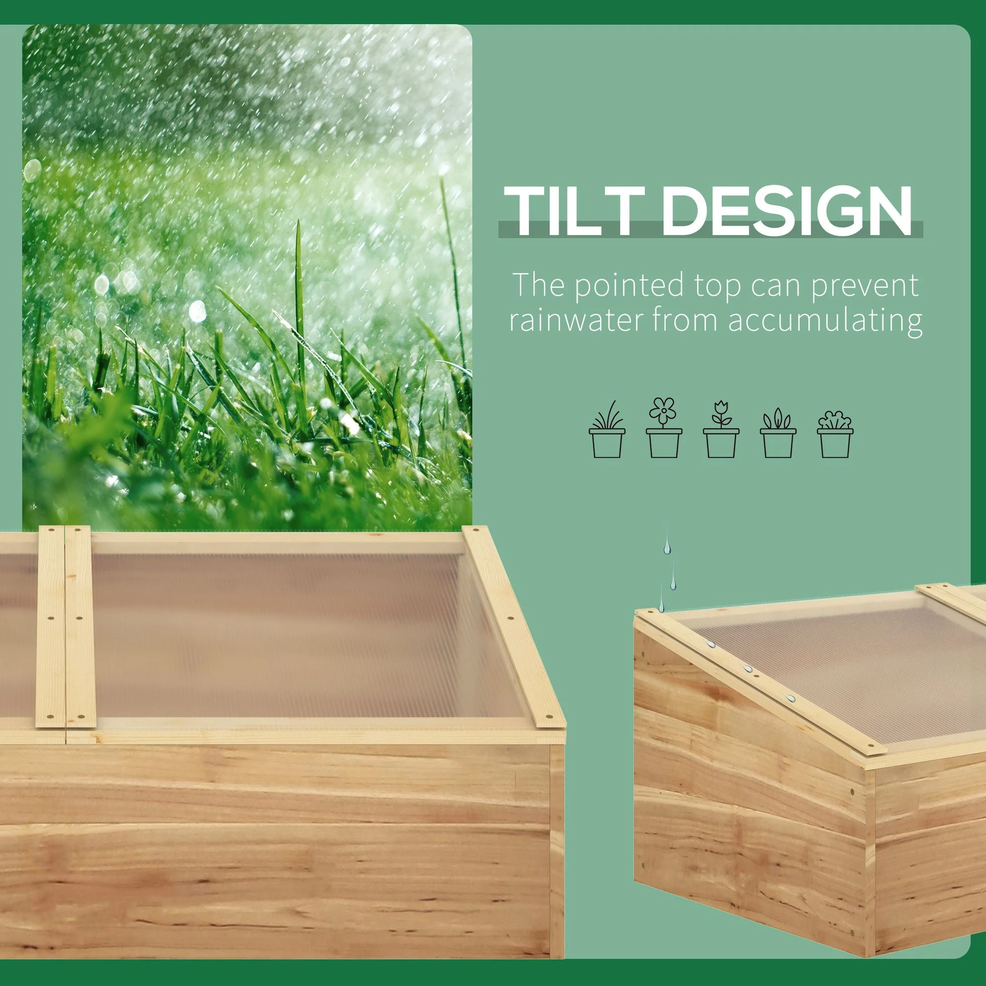 Wooden Cold Frame Greenhouse Garden Polycarbonate Grow House with Independent Openable Top Covers for Flowers - Image 4