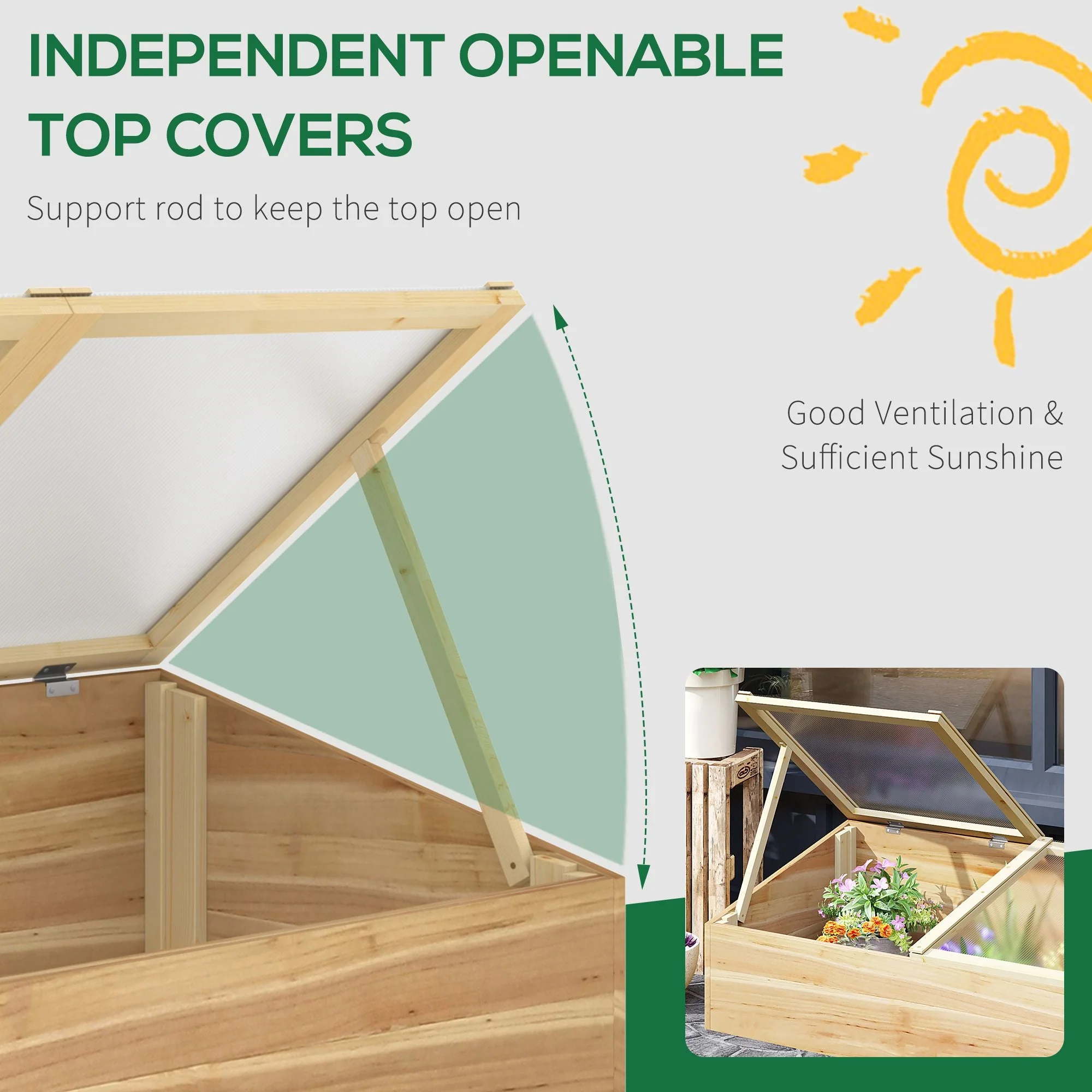 Wooden Cold Frame Greenhouse Garden Polycarbonate Grow House with Independent Openable Top Covers for Flowers - Image 5