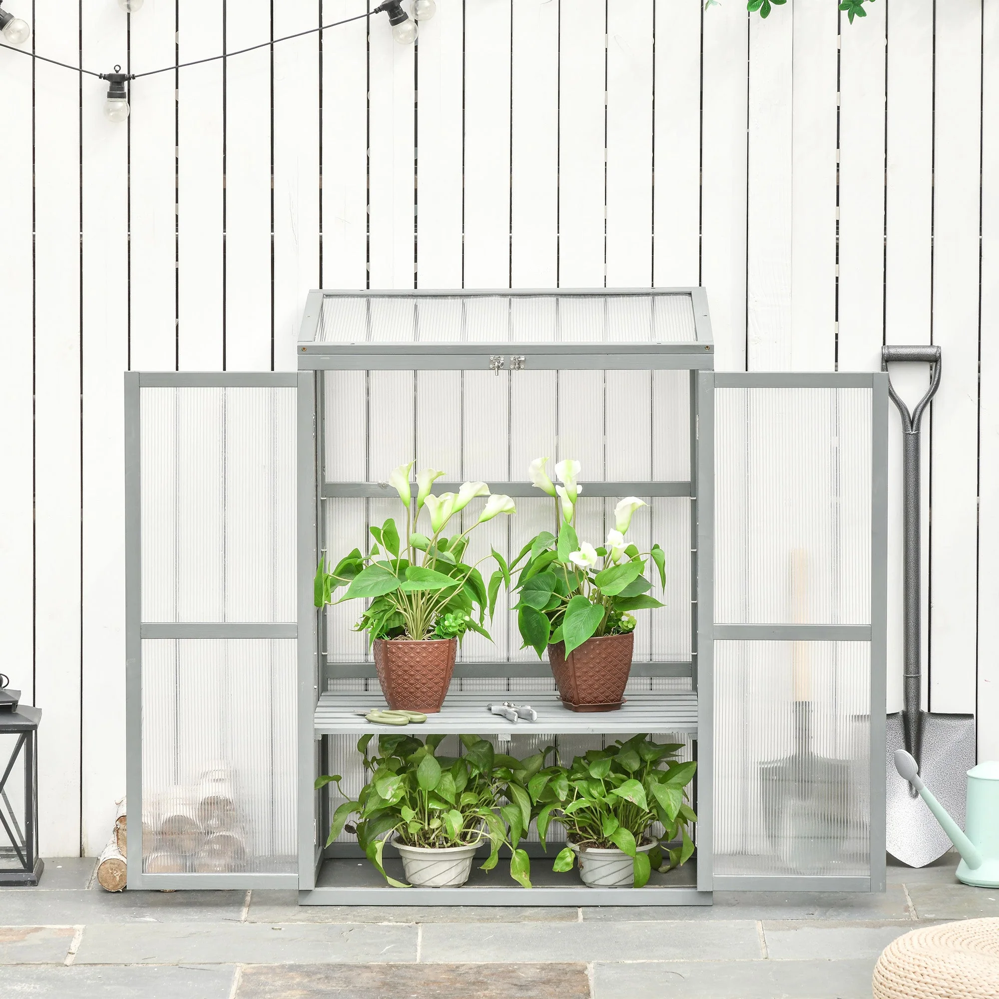 Wooden Cold Frame Greenhouse Polycarbonate Garden Grow House for Flower Vegetable Plants with Adjustable Shelf - Image 2