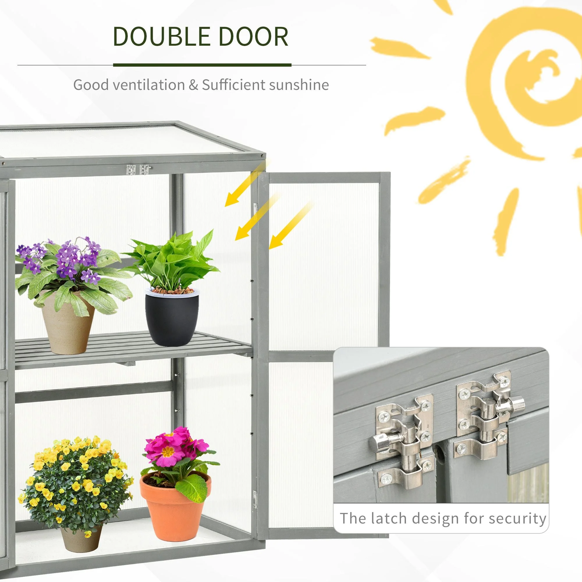 Wooden Cold Frame Greenhouse Polycarbonate Garden Grow House for Flower Vegetable Plants with Adjustable Shelf - Image 6