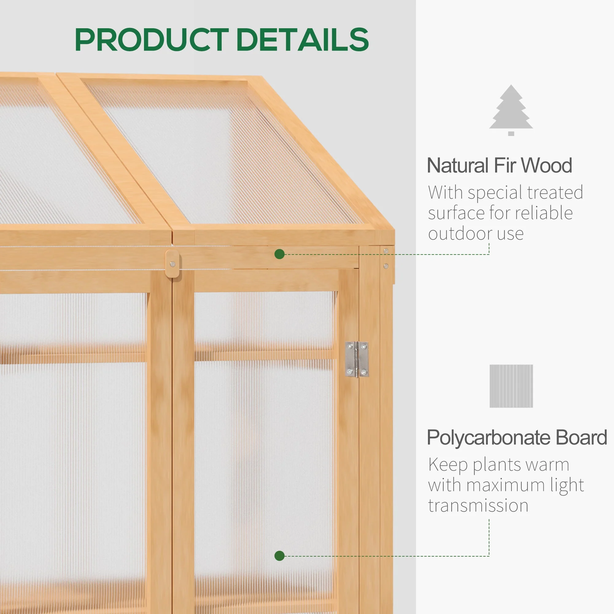 Wooden Cold Frame Polycarbonate Greenhouse with Openable Top Cover and Double Door - Image 4