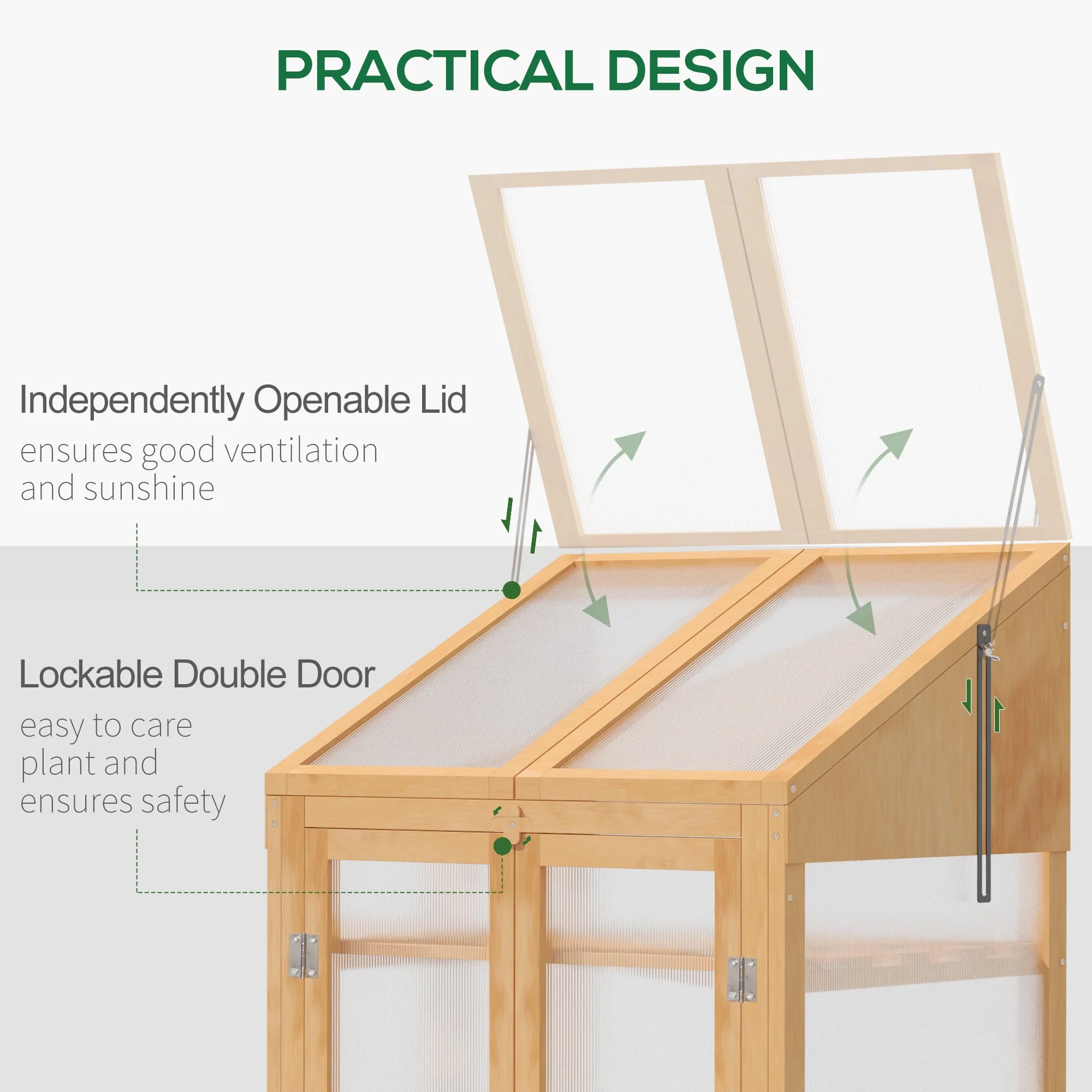 Wooden Cold Frame Polycarbonate Greenhouse with Openable Top Cover and Double Door - Image 6