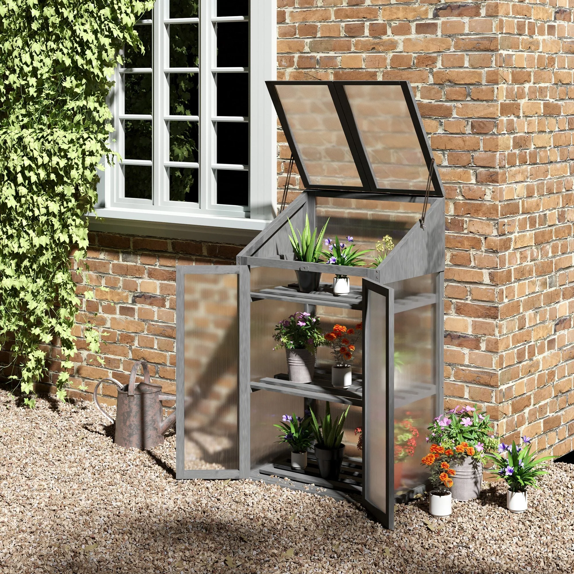 Wooden Cold Frame Polycarbonate Greenhouse with Openable Top Cover and Double Door - Image 2