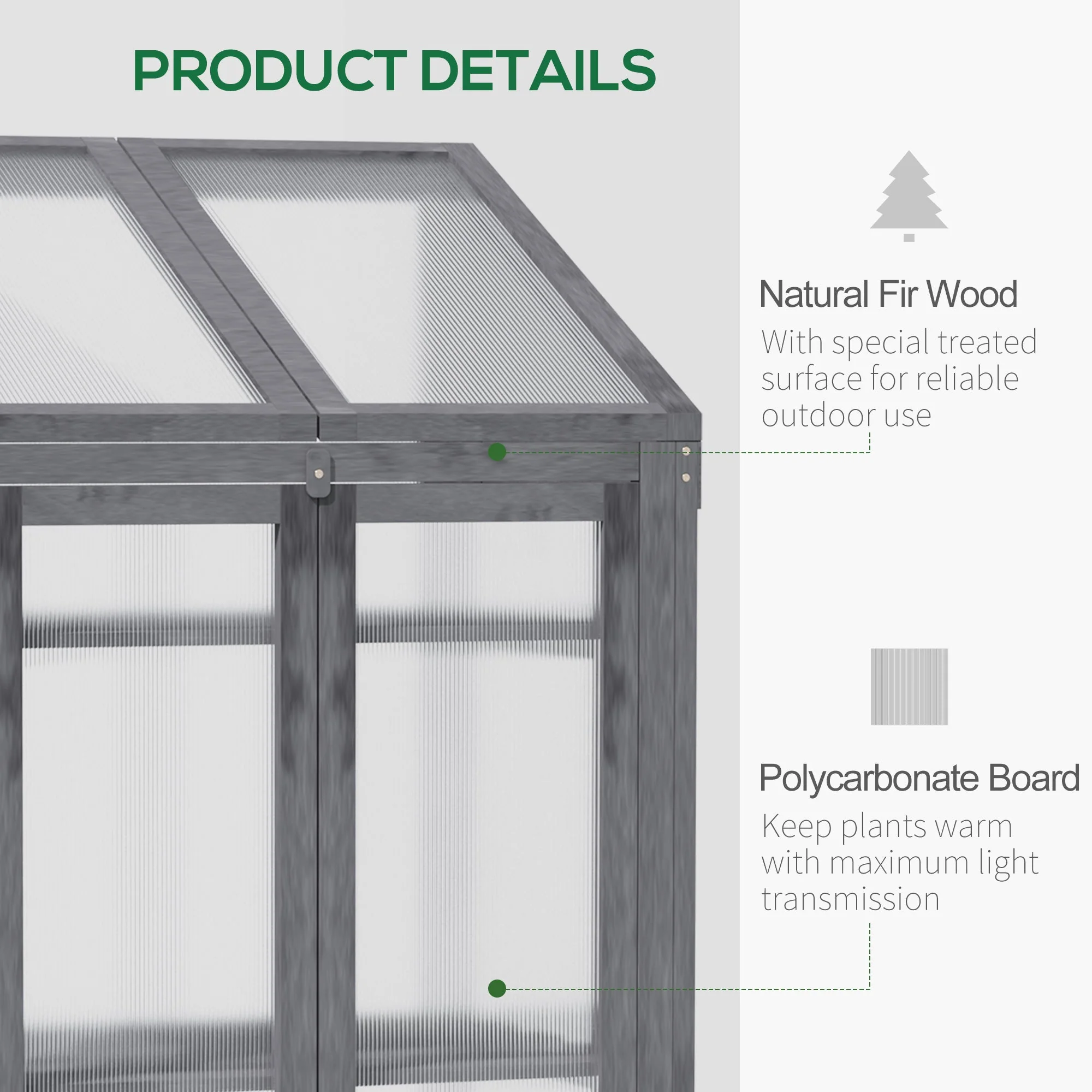 Wooden Cold Frame Polycarbonate Greenhouse with Openable Top Cover and Double Door - Image 4