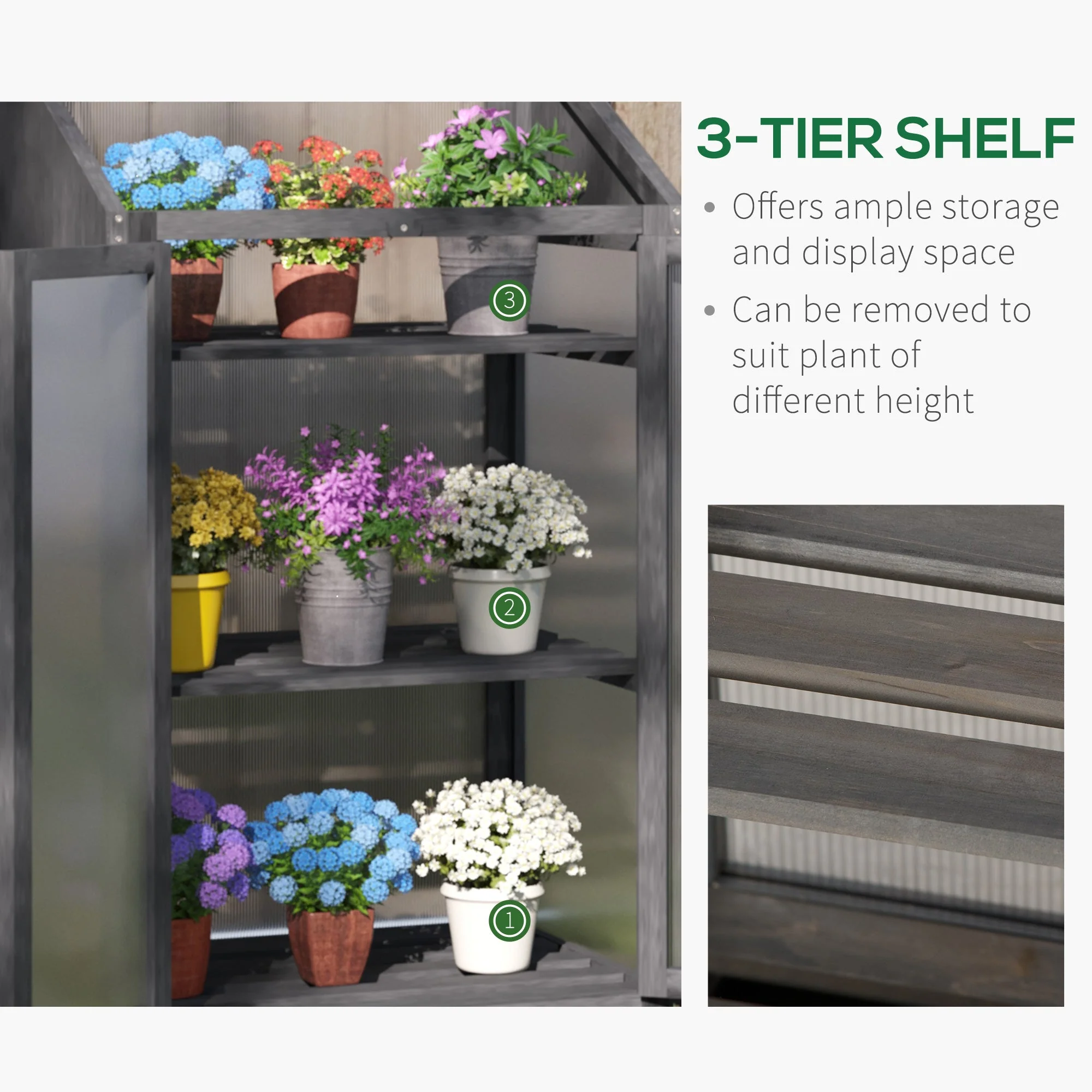 Wooden Cold Frame Polycarbonate Greenhouse with Openable Top Cover and Double Door - Image 5