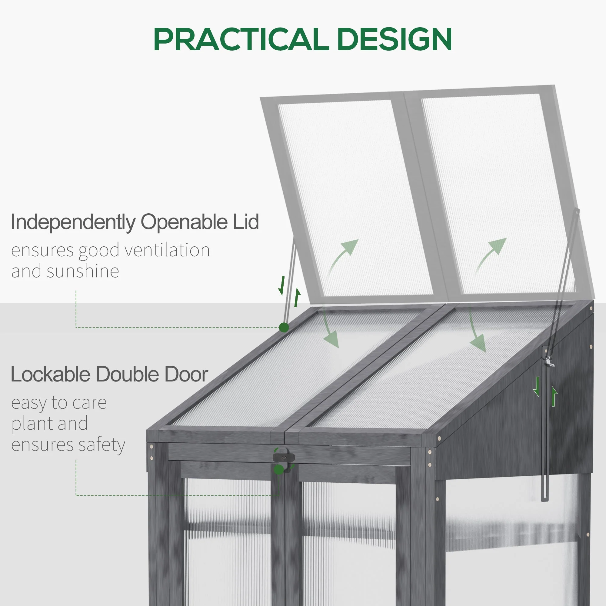 Wooden Cold Frame Polycarbonate Greenhouse with Openable Top Cover and Double Door - Image 6