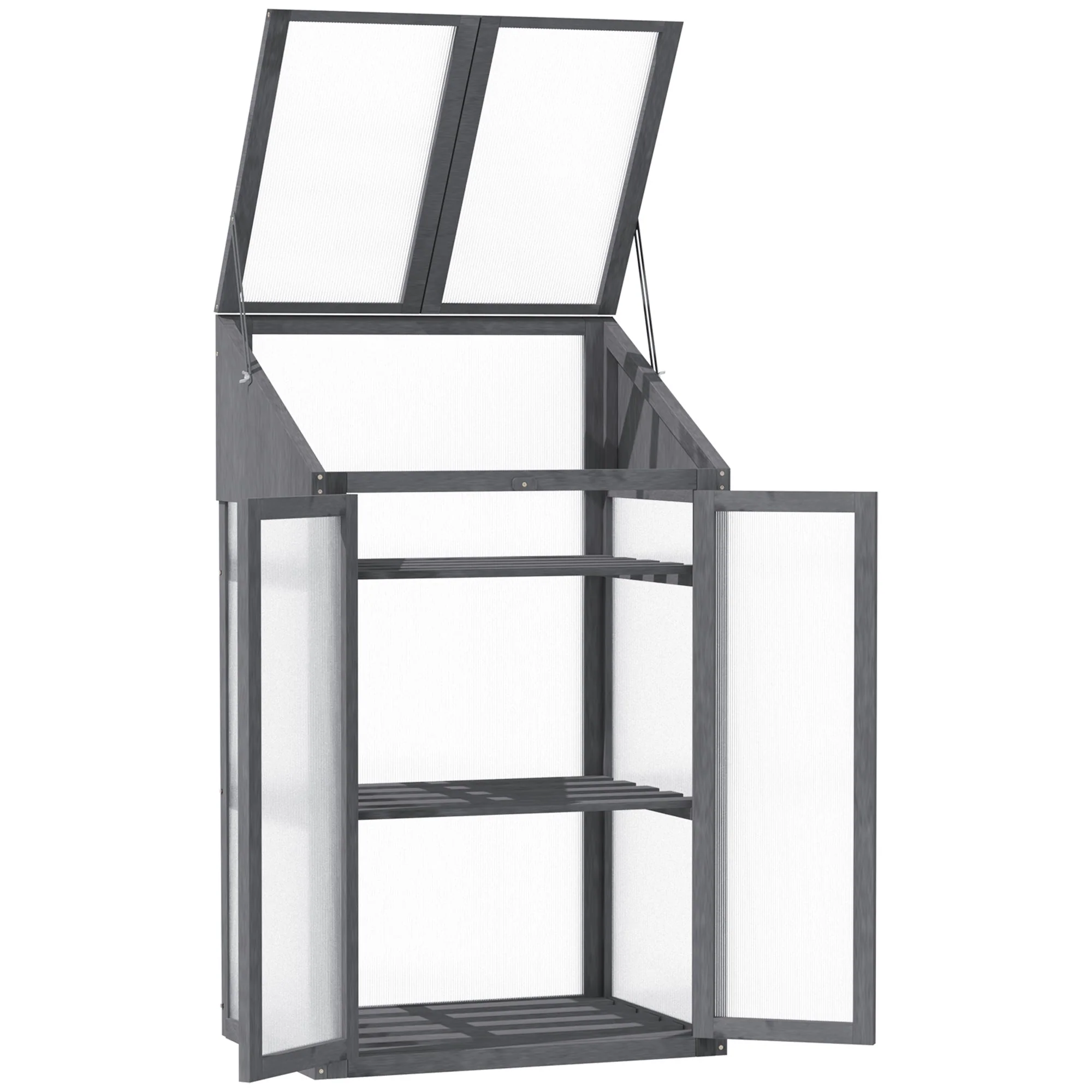 Wooden Cold Frame Polycarbonate Greenhouse with Openable Top Cover and Double Door - Image 7