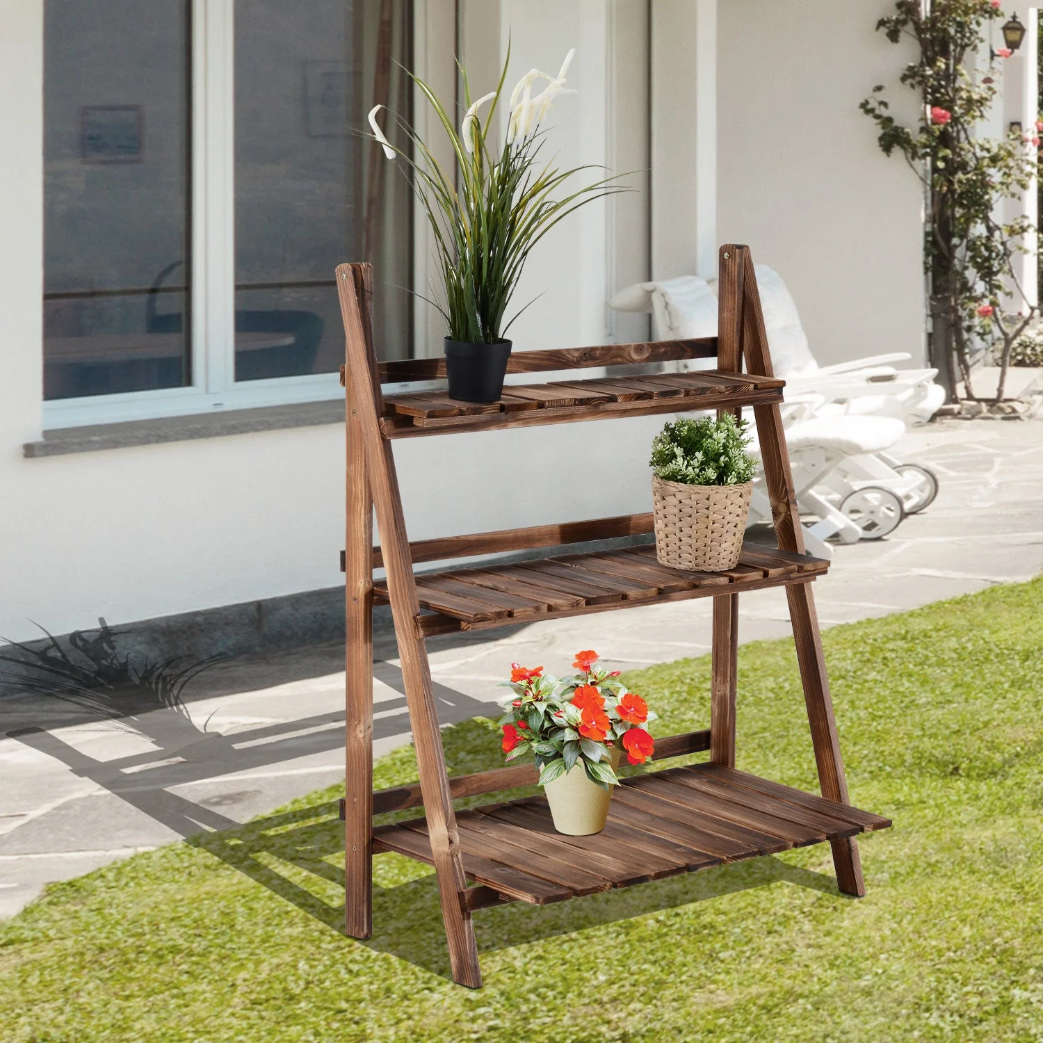 Wooden Folding Flower Pot Stand 3 Tier Garden Planter Display Ladder Gardener Storage Shelves Rack Herb Holder 80L x 37W x 93H cm - Image 2