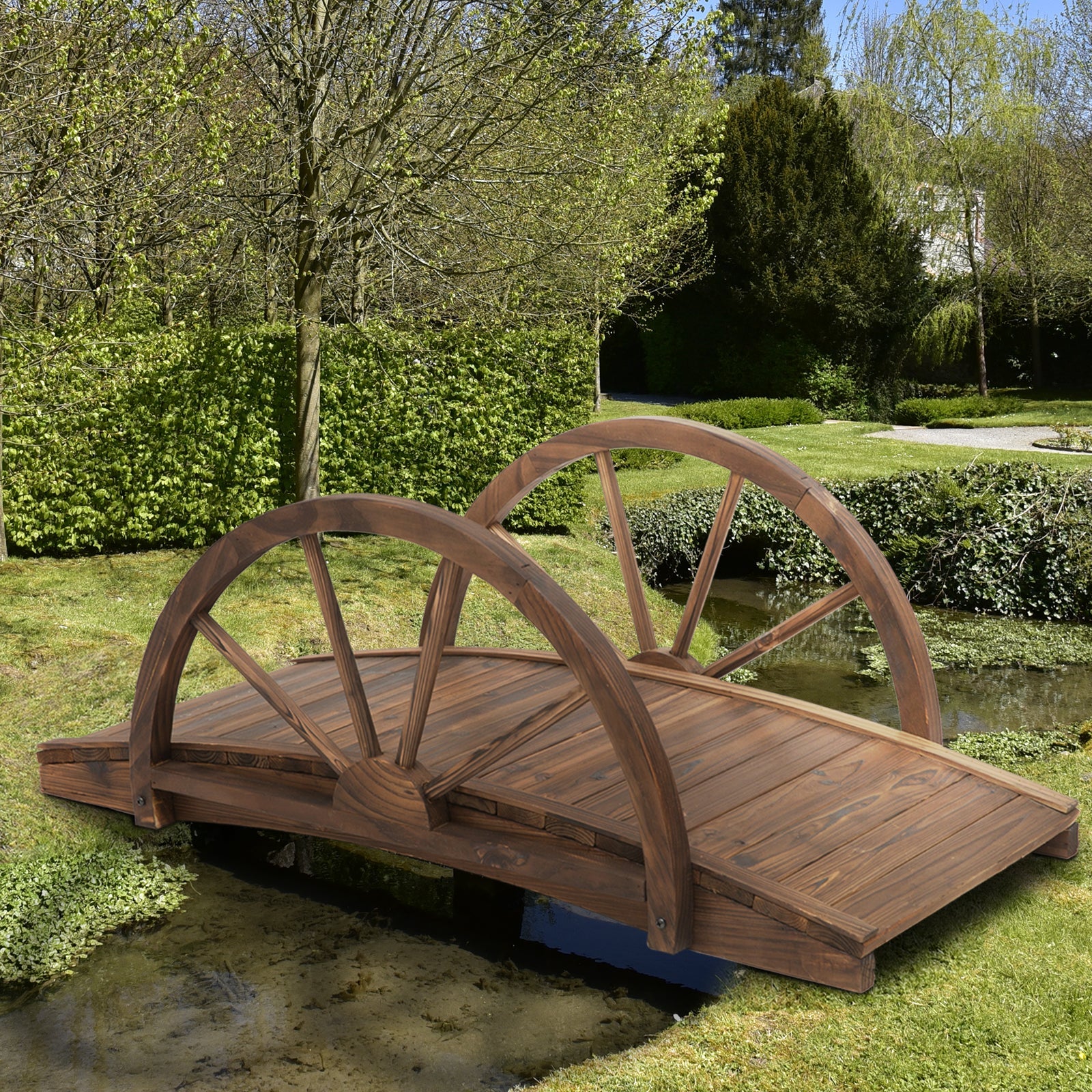 Wooden Garden Bridge Lawn Décor Stained Finish Arc Outdoor Pond WalkwayYard Decoration Half Wheeled Railings 100L x 50W x 37H cm - Image 2