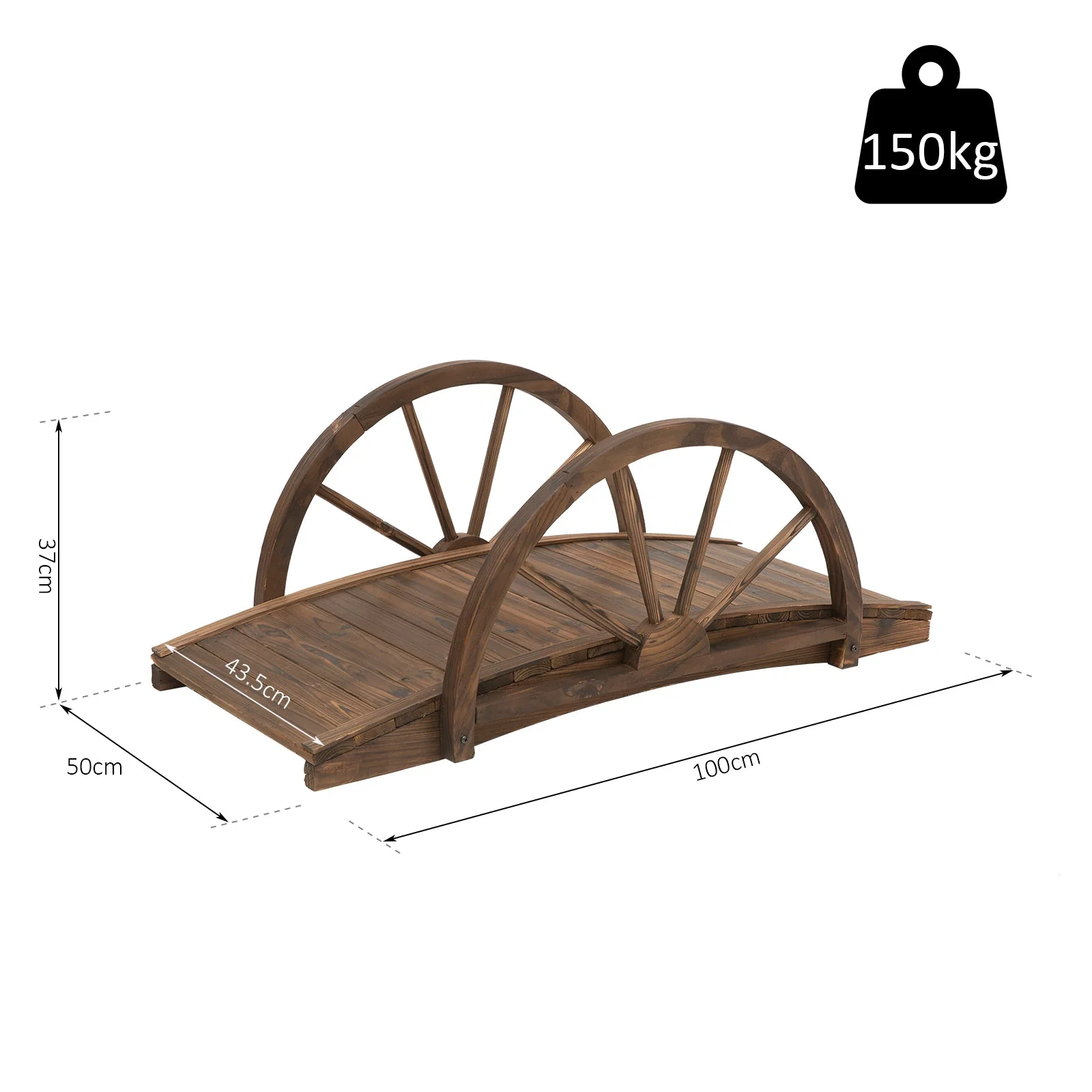 Wooden Garden Bridge Lawn Décor Stained Finish Arc Outdoor Pond WalkwayYard Decoration Half Wheeled Railings 100L x 50W x 37H cm - Image 3