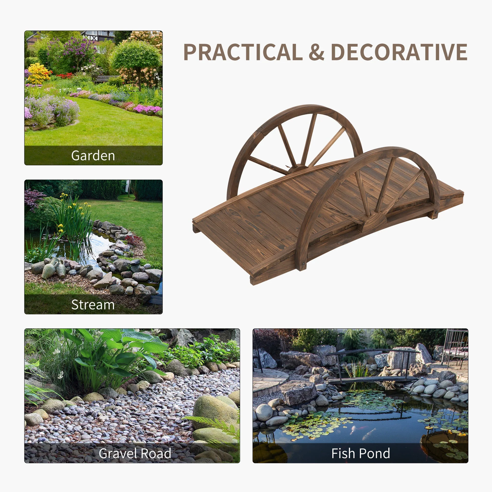 Wooden Garden Bridge Lawn Décor Stained Finish Arc Outdoor Pond WalkwayYard Decoration Half Wheeled Railings 100L x 50W x 37H cm - Image 6