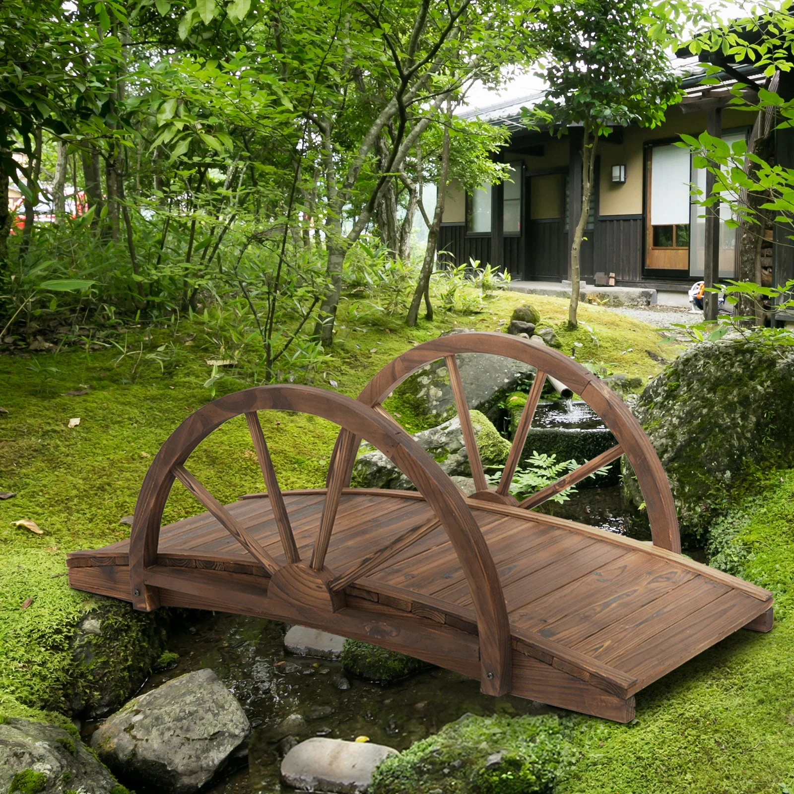 Wooden Garden Bridge Lawn Décor Stained Finish Arc Outdoor Pond WalkwayYard Decoration Half Wheeled Railings 100L x 50W x 37H cm - Image 9