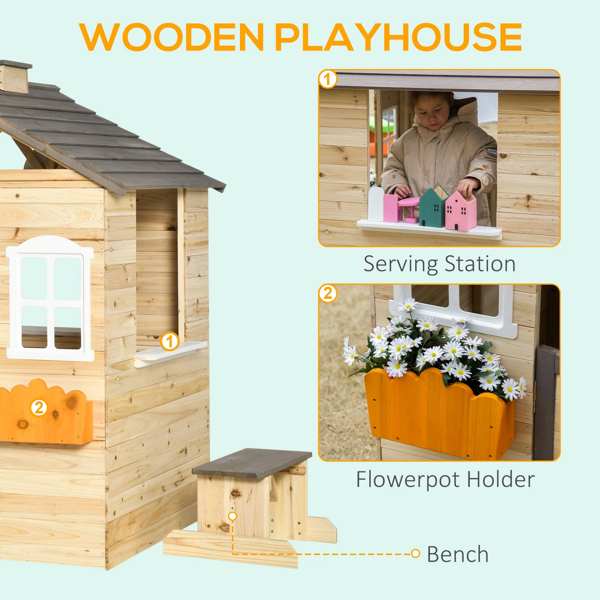 Wooden Kids Playhouse Outdoor Garden Games Cottage with Door - Image 5