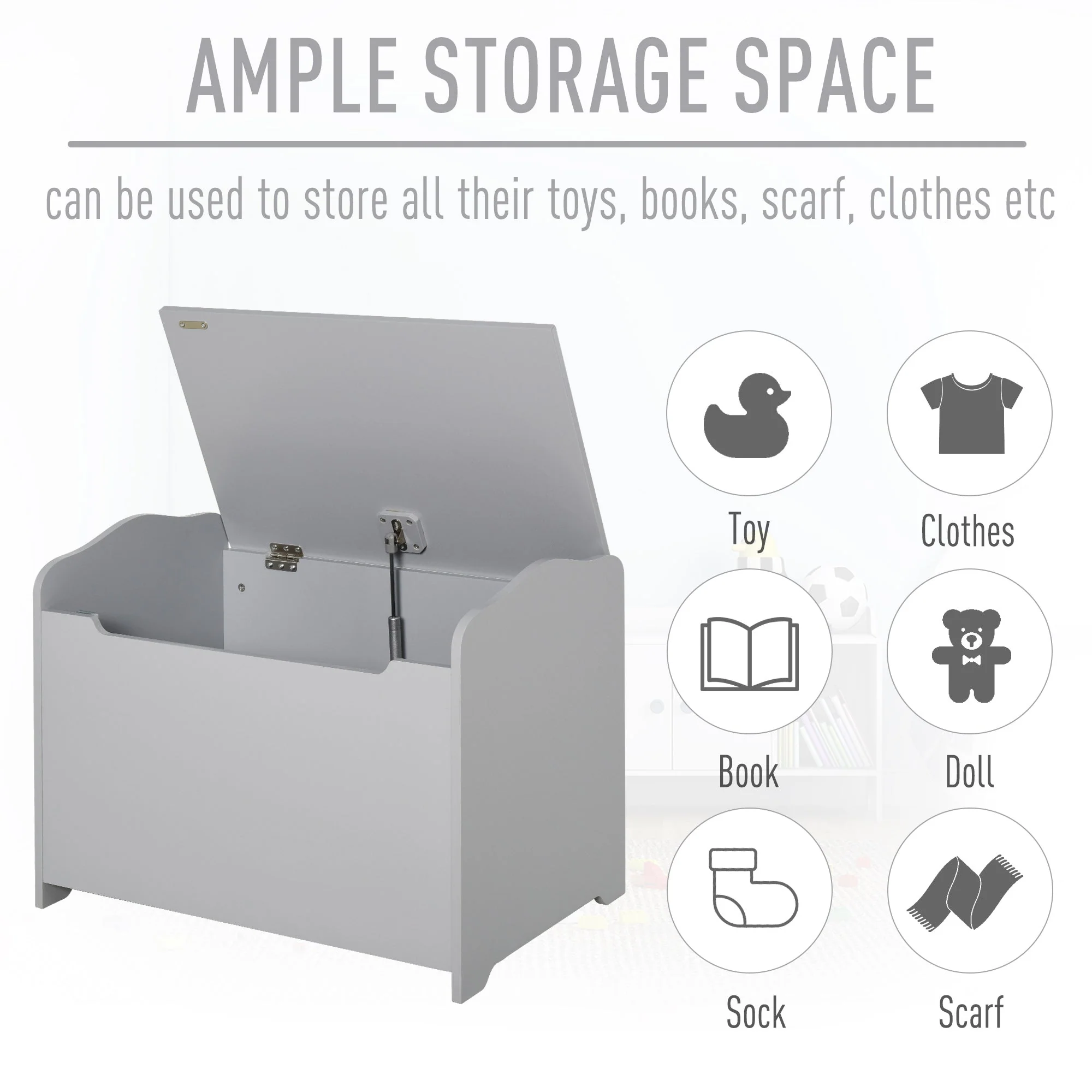 Wooden Kids Toy Box Children Storage Organizer Chest Safety Hinge Playroom Furniture Grey - Image 3