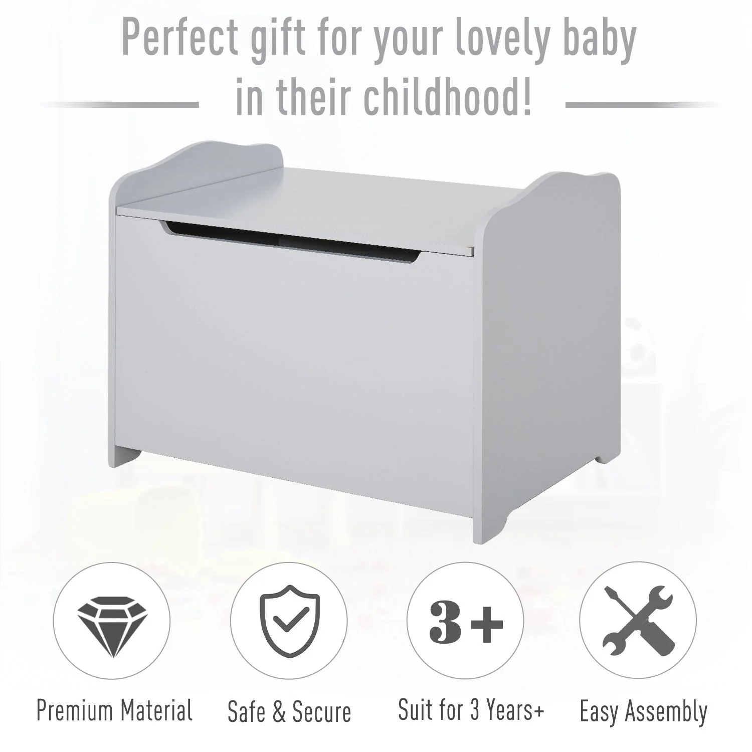Wooden Kids Toy Box Children Storage Organizer Chest Safety Hinge Playroom Furniture Grey - Image 6