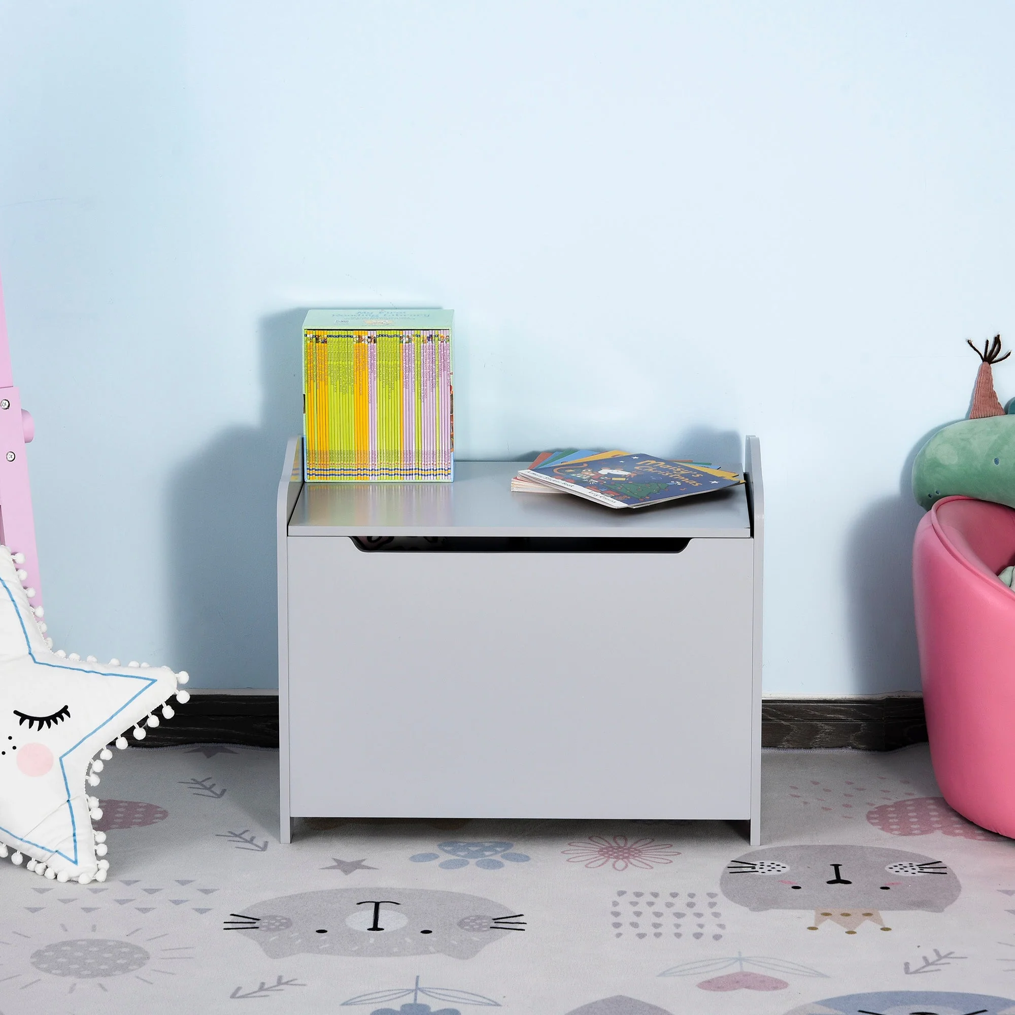 Wooden Kids Toy Box Children Storage Organizer Chest Safety Hinge Playroom Furniture Grey - Image 7