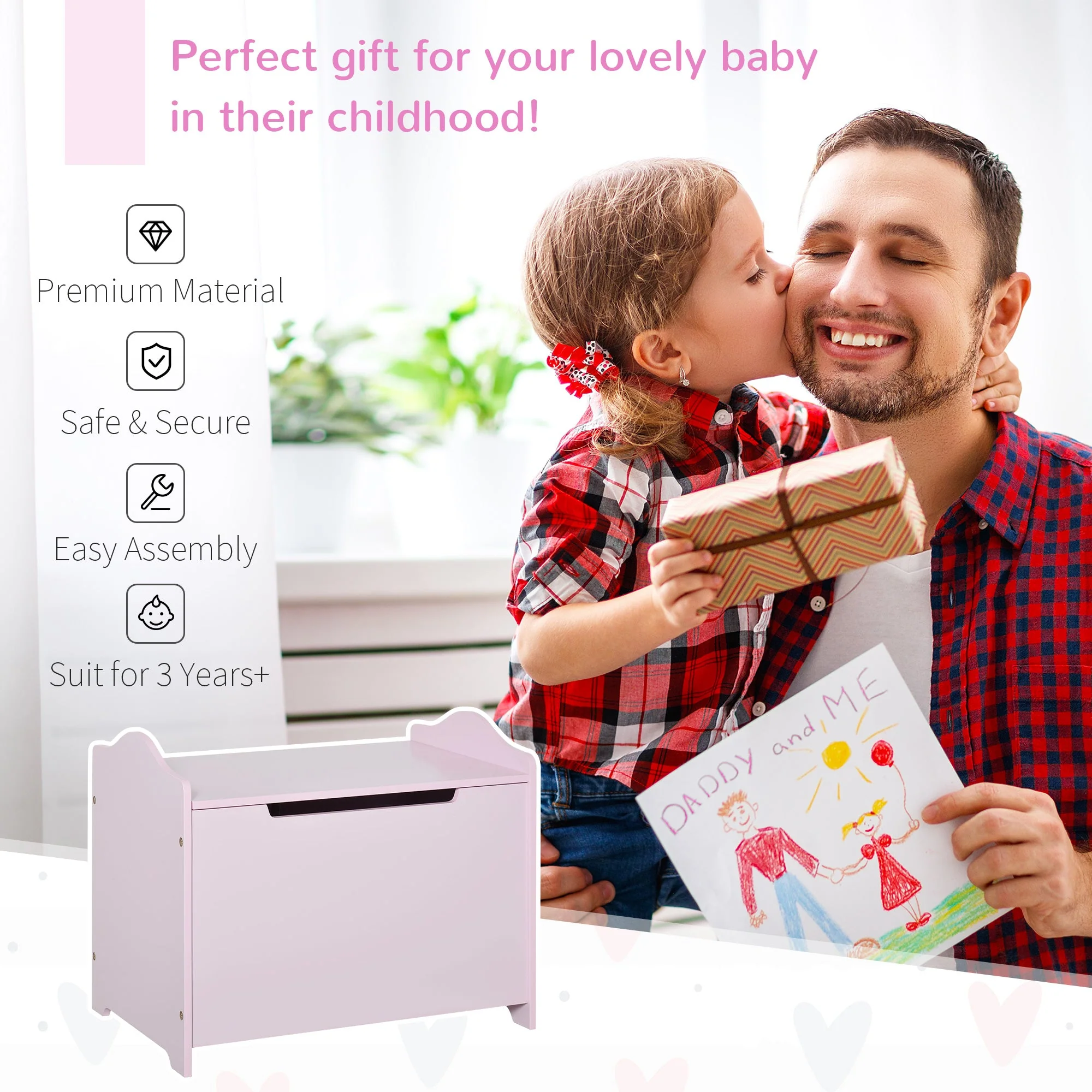 Wooden Kids Toy Box Children Storage Organizer Chest Safety Hinge Playroom Furniture Pink - Image 4