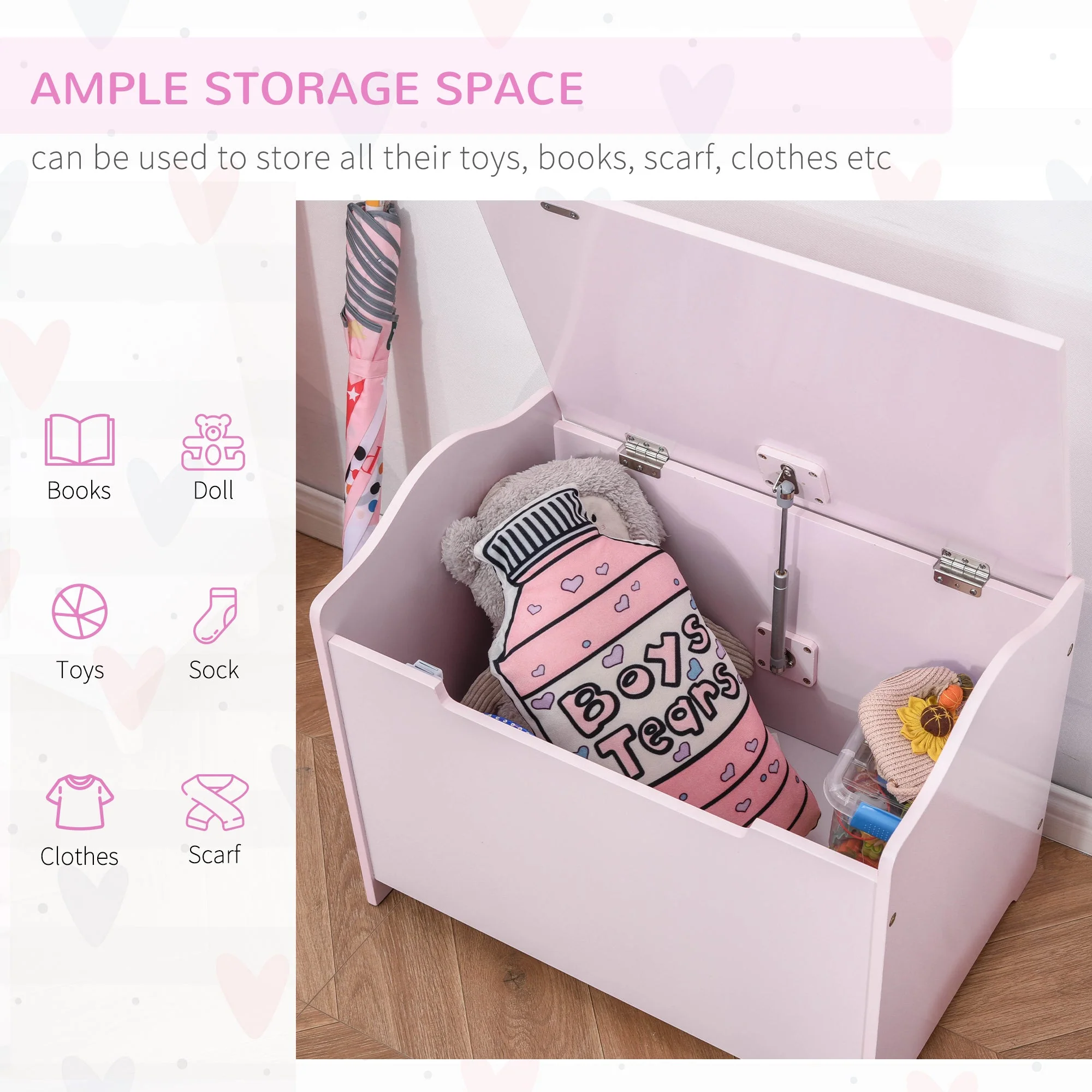 Wooden Kids Toy Box Children Storage Organizer Chest Safety Hinge Playroom Furniture Pink - Image 6