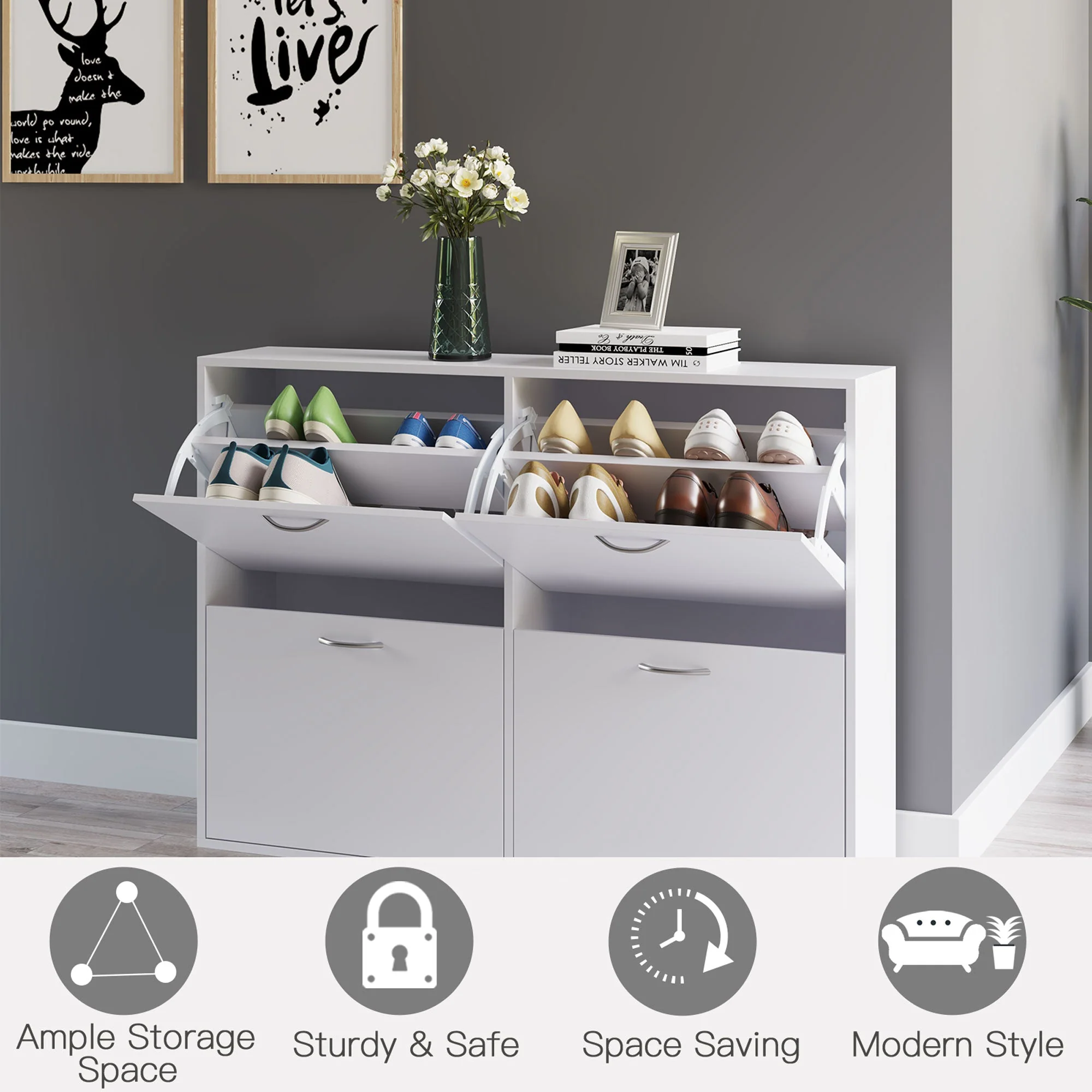 Wooden Modern Design 4 Drawer Shoes Cabinet Pull Down Shelf Storage Organiser - White - Image 5