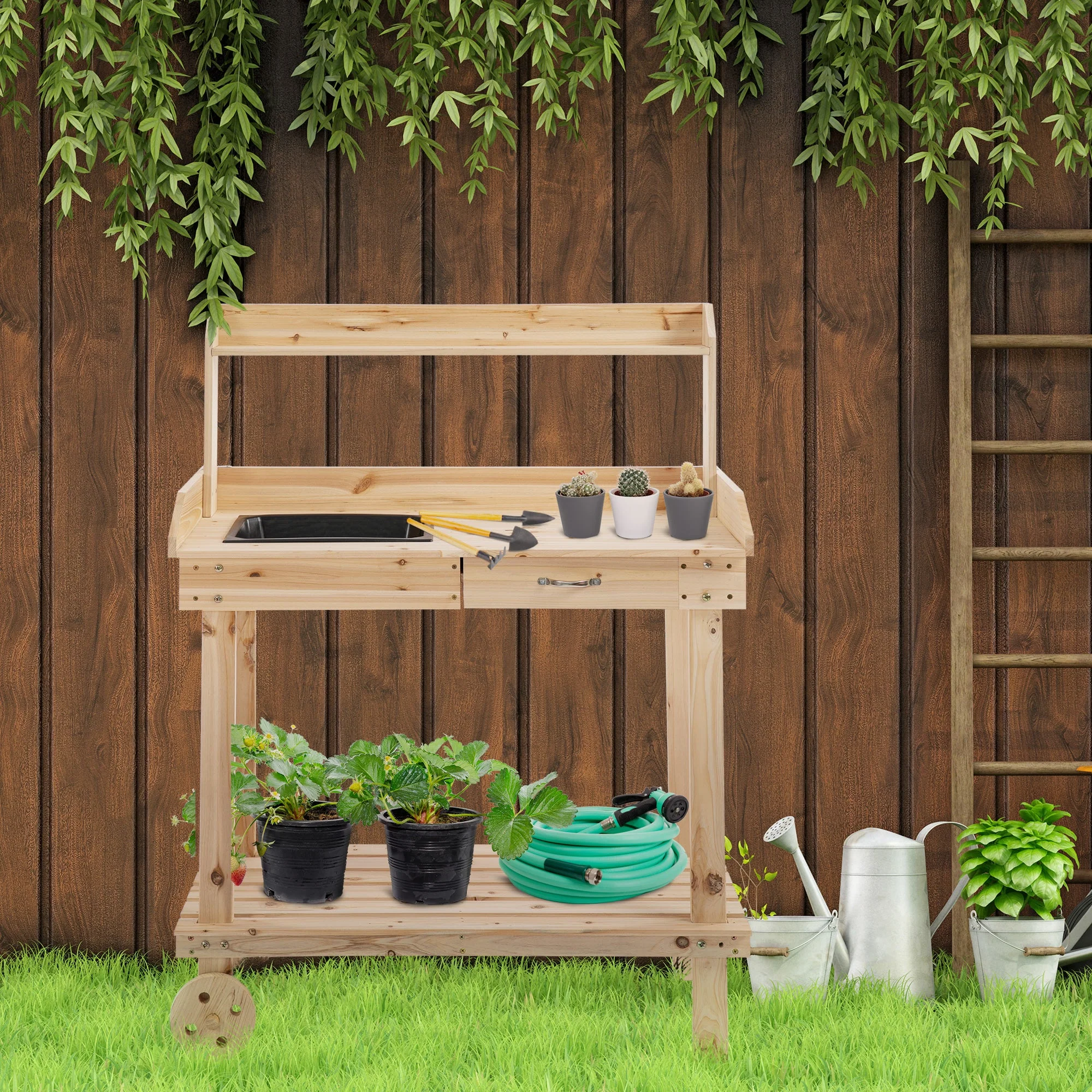Wooden Potting Bench Work Table with 2 Removable Wheels - Image 2