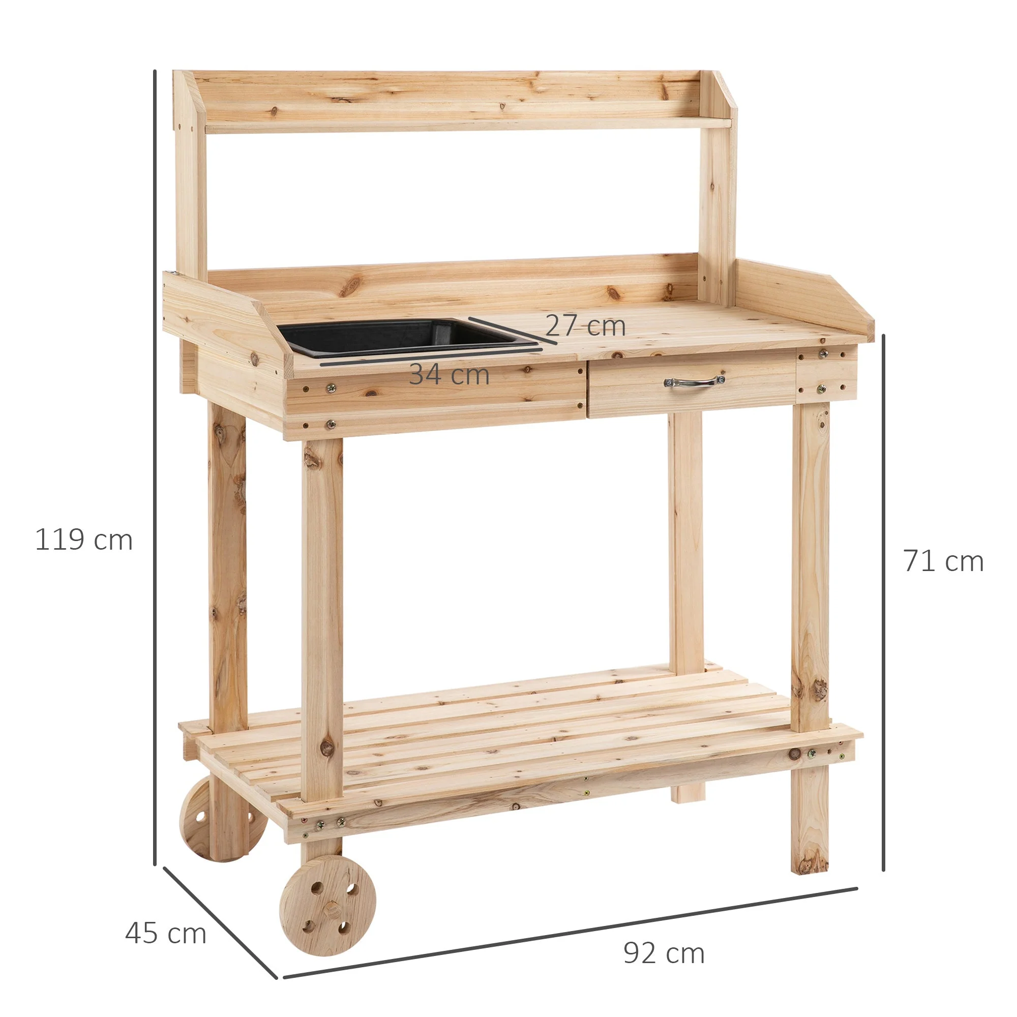 Wooden Potting Bench Work Table with 2 Removable Wheels - Image 3