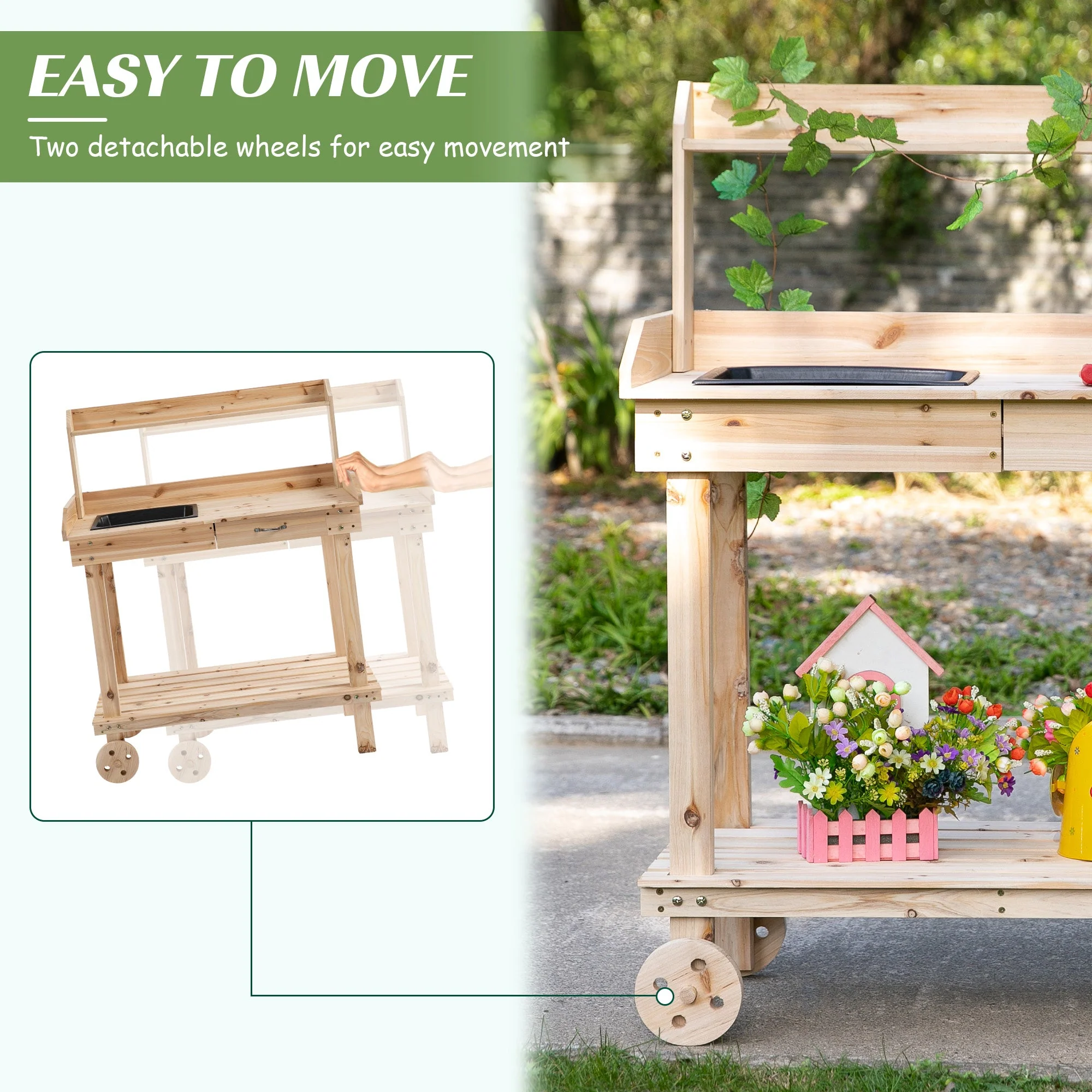 Wooden Potting Bench Work Table with 2 Removable Wheels - Image 4