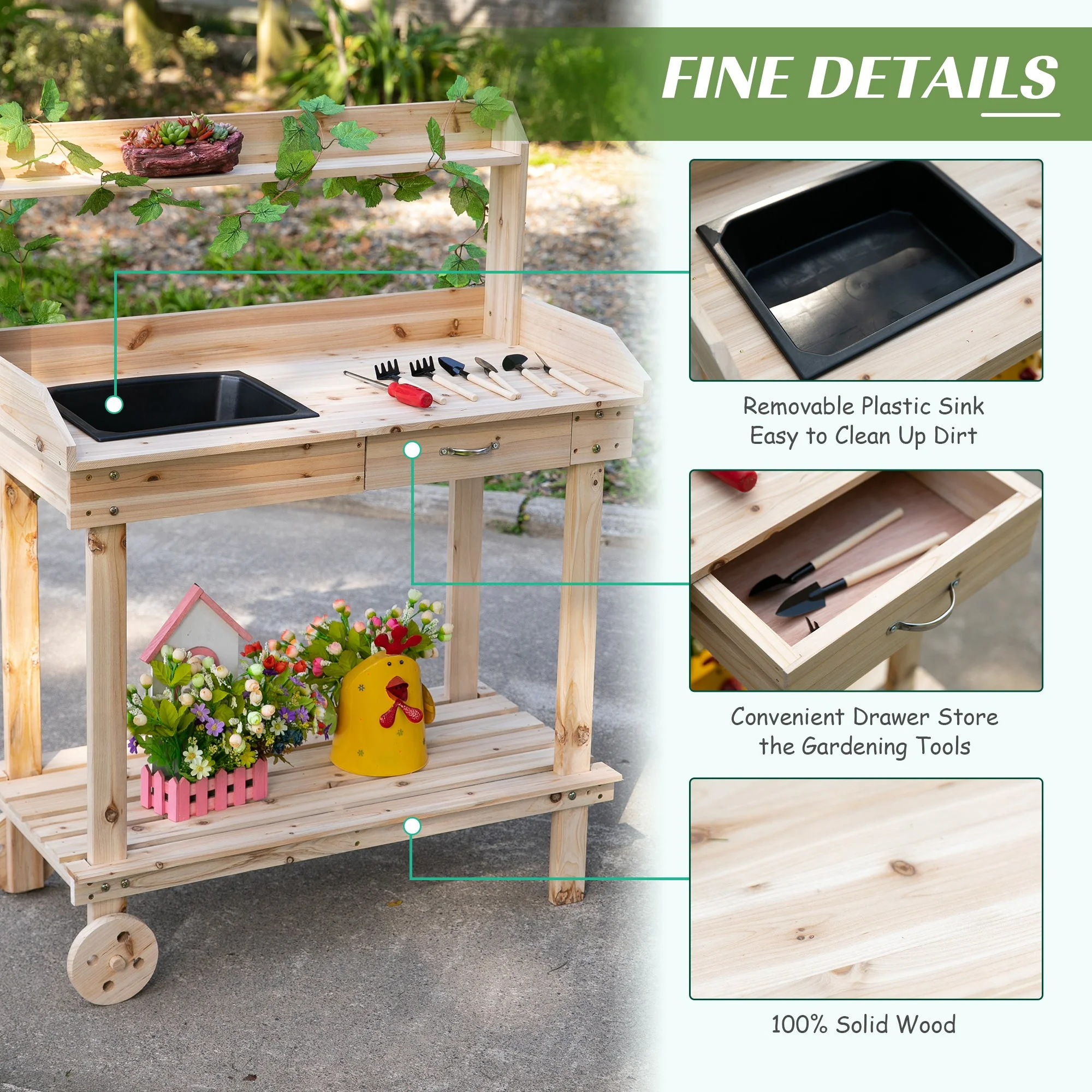 Wooden Potting Bench Work Table with 2 Removable Wheels - Image 5