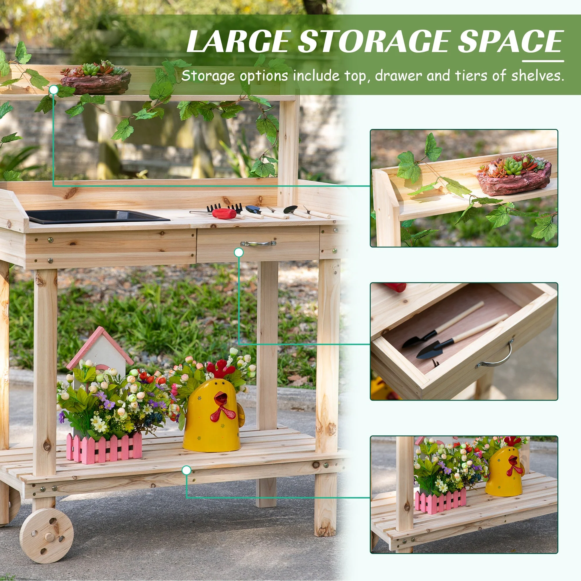 Wooden Potting Bench Work Table with 2 Removable Wheels - Image 6