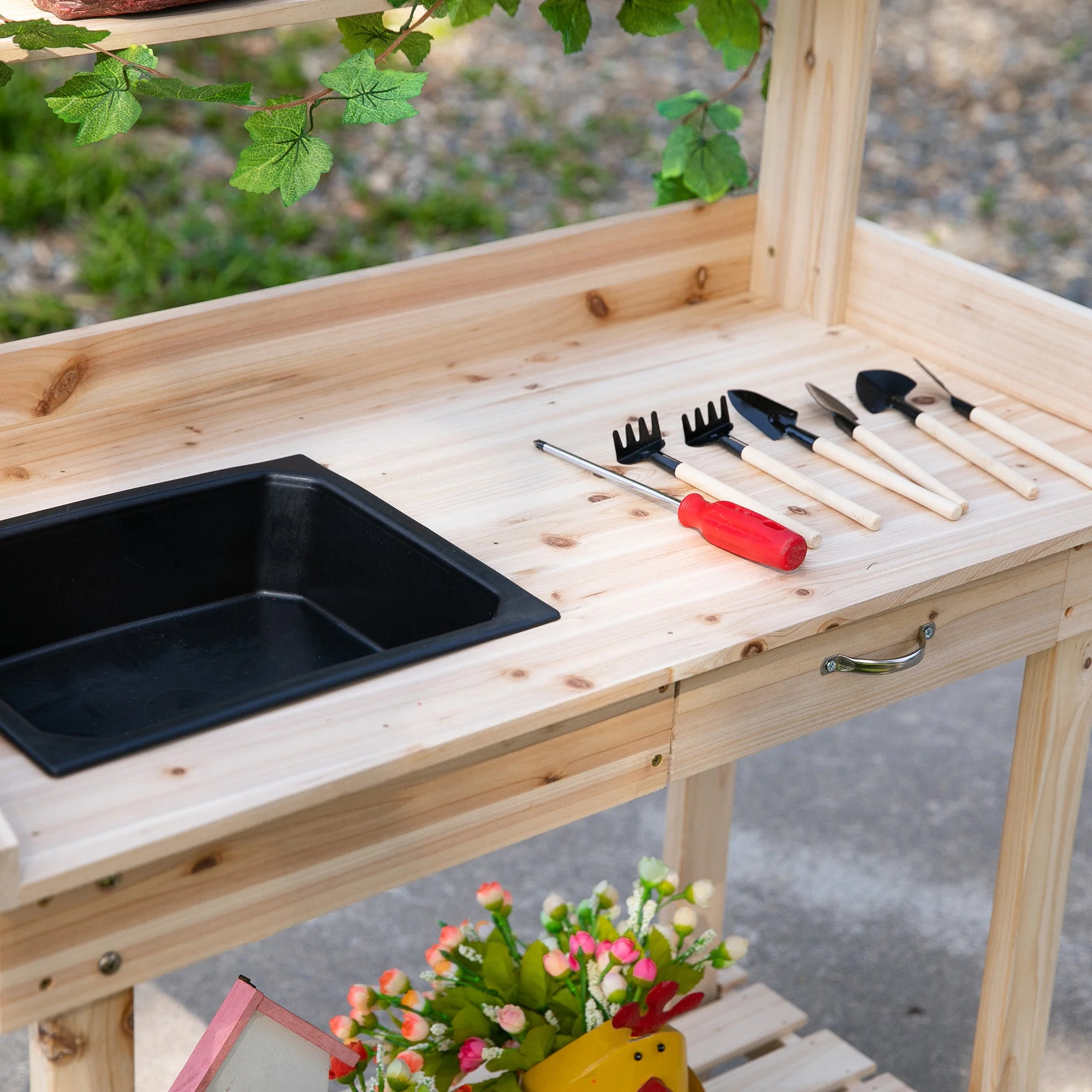 Wooden Potting Bench Work Table with 2 Removable Wheels - Image 7