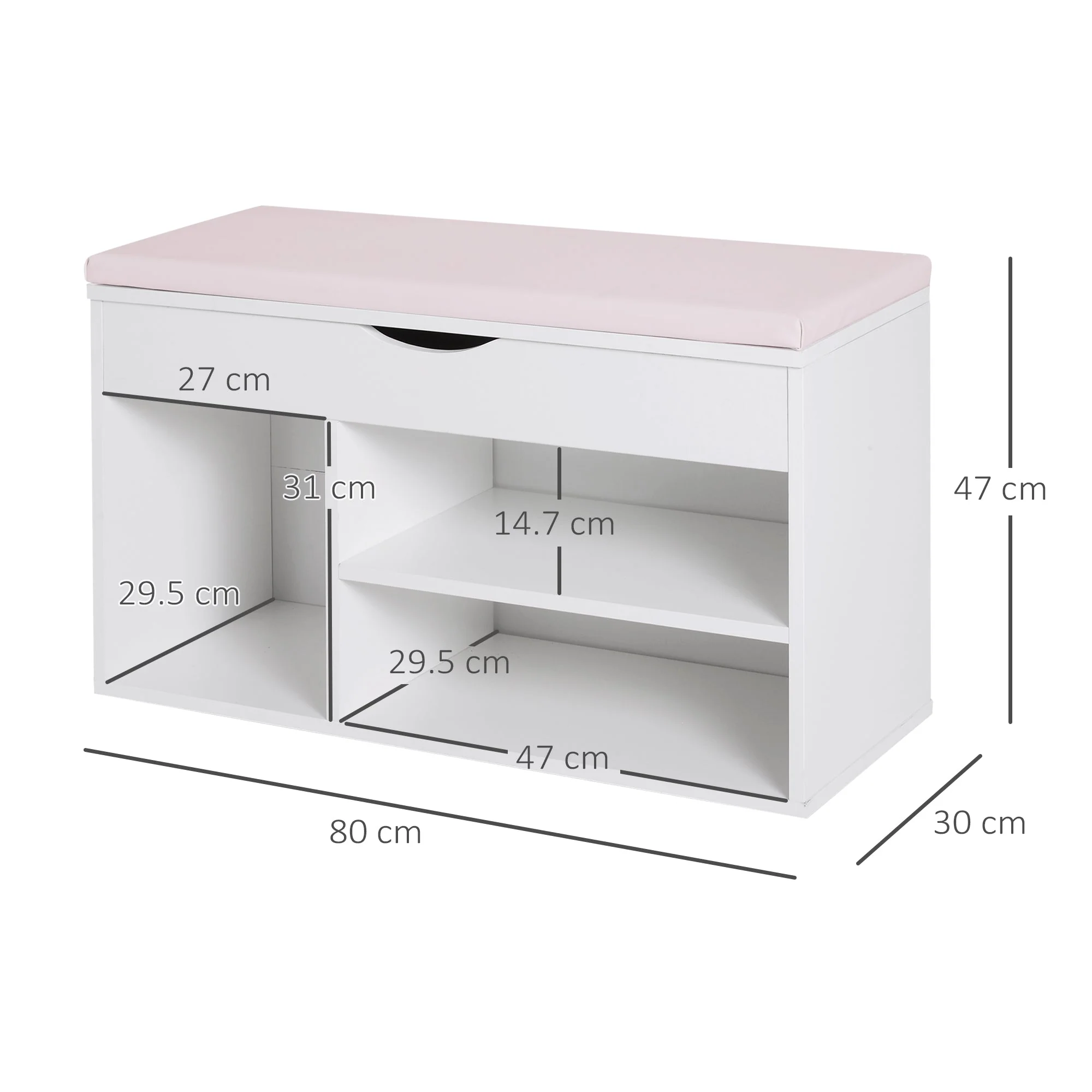 Wooden Shoes Cabinet Bench Hidden Storage Padded Seat Organiser Footwear Rack Hallway White Pink 80 x 30 x 47 cm - Image 3