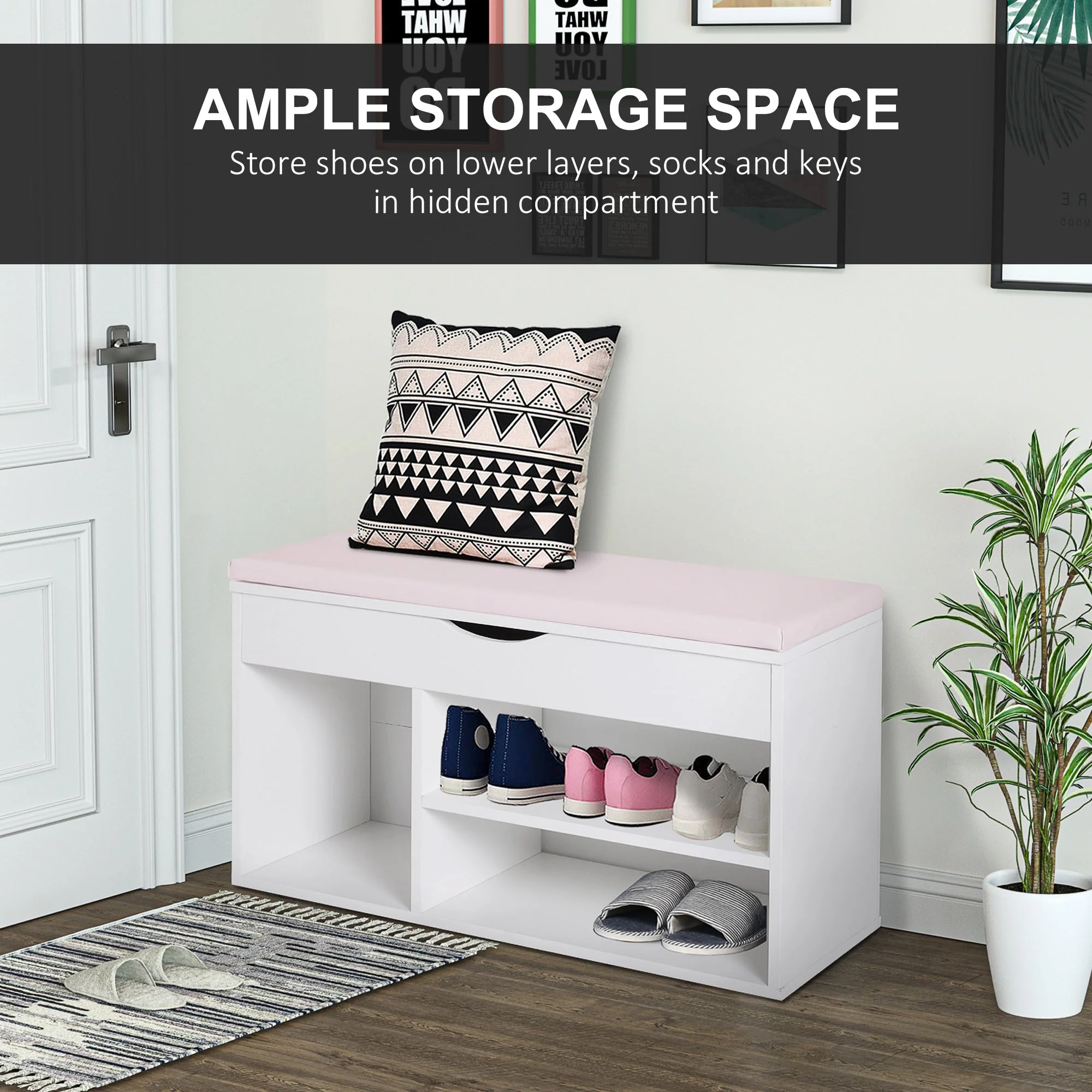 Wooden Shoes Cabinet Bench Hidden Storage Padded Seat Organiser Footwear Rack Hallway White Pink 80 x 30 x 47 cm - Image 5