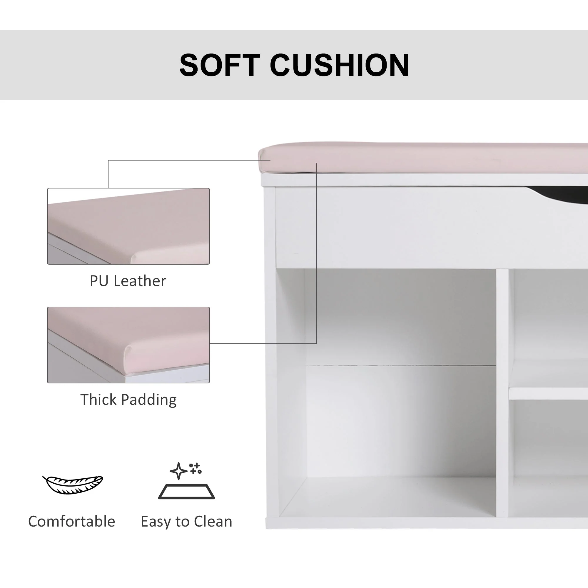 Wooden Shoes Cabinet Bench Hidden Storage Padded Seat Organiser Footwear Rack Hallway White Pink 80 x 30 x 47 cm - Image 6