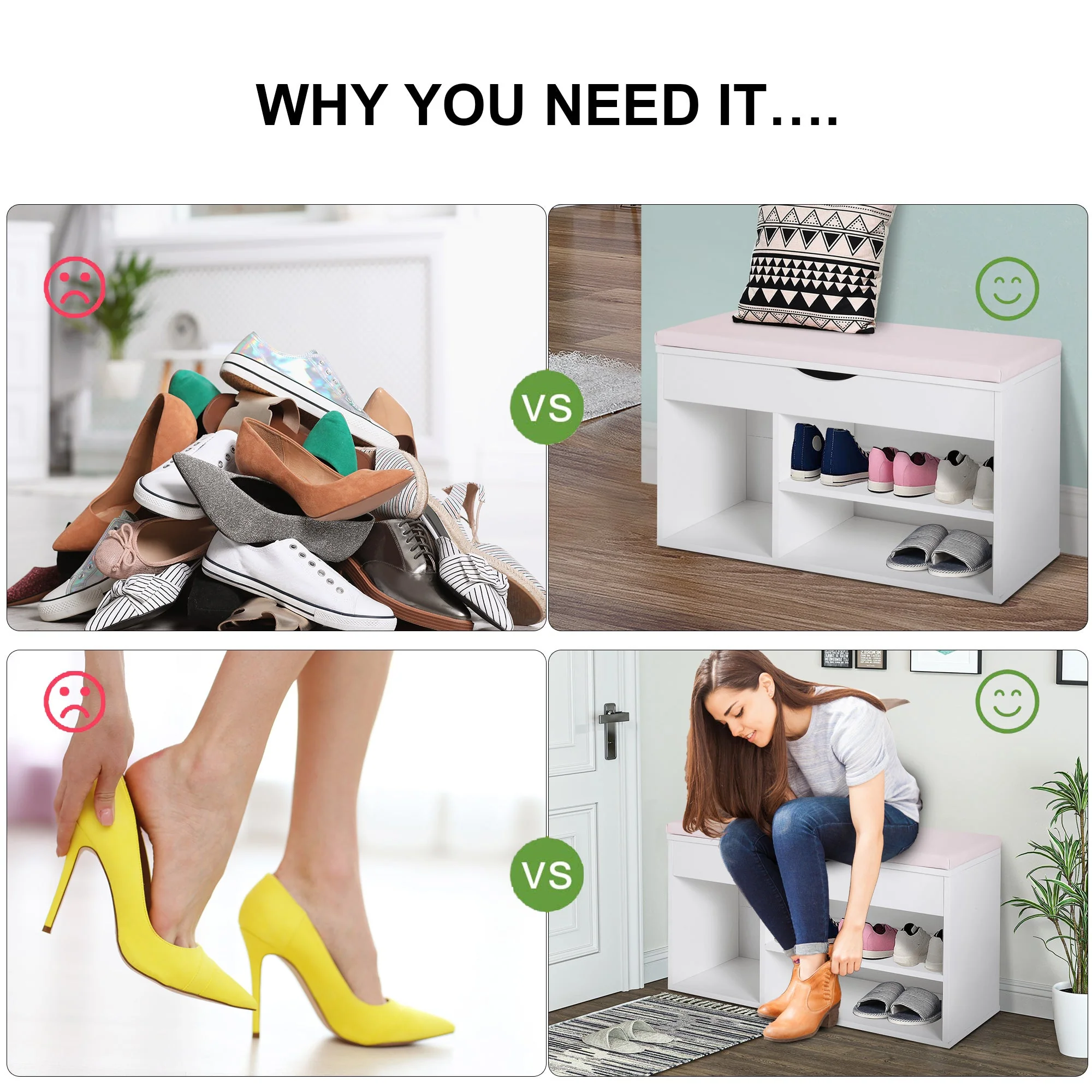 Wooden Shoes Cabinet Bench Hidden Storage Padded Seat Organiser Footwear Rack Hallway White Pink 80 x 30 x 47 cm - Image 7