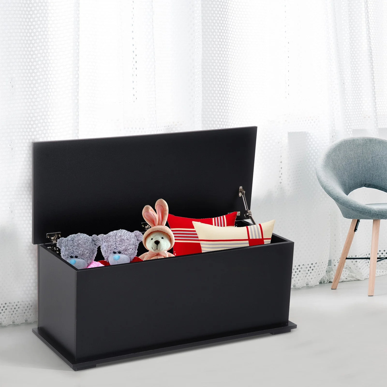 Wooden Storage Box Clothes Toy Chest Bench Seat Ottoman Bedding Blanket Trunk Container With Lid Black - Image 2