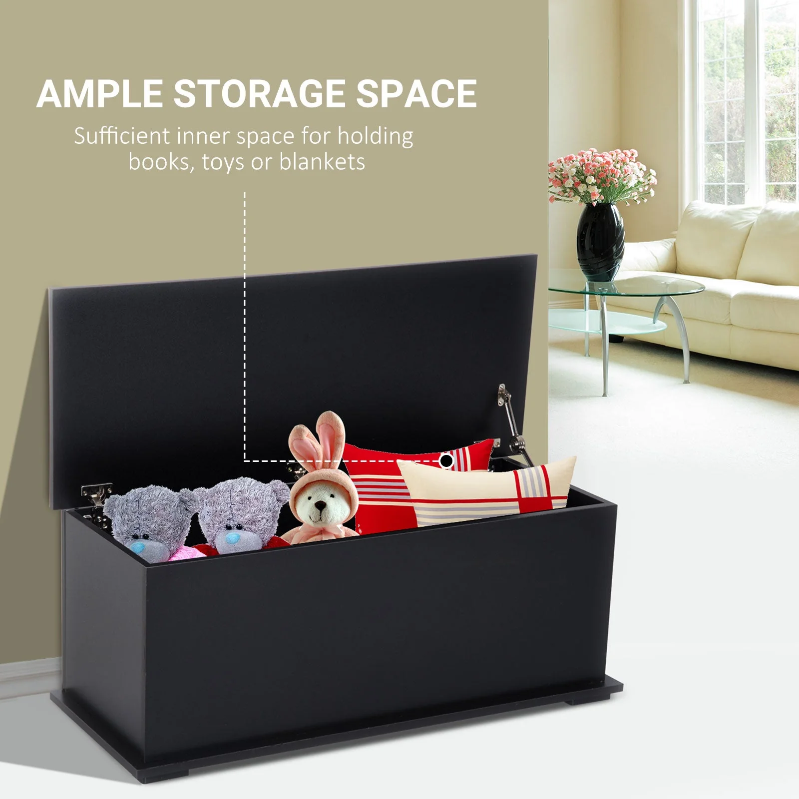 Wooden Storage Box Clothes Toy Chest Bench Seat Ottoman Bedding Blanket Trunk Container With Lid Black - Image 4