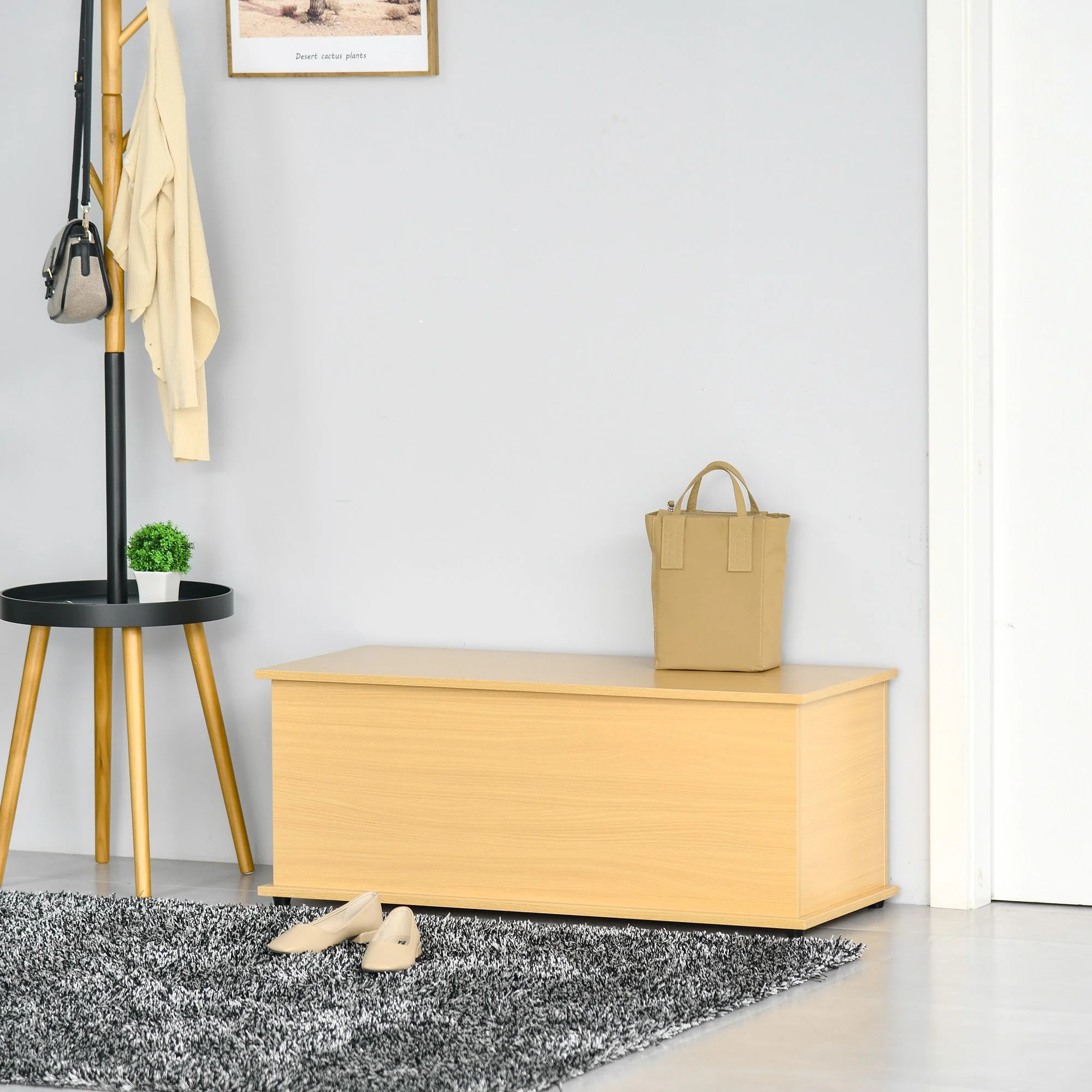 Wooden Storage Box Clothes Toy Chest Bench Seat Ottoman Bedding Blanket Trunk Container with Lid - Burlywood - Image 2
