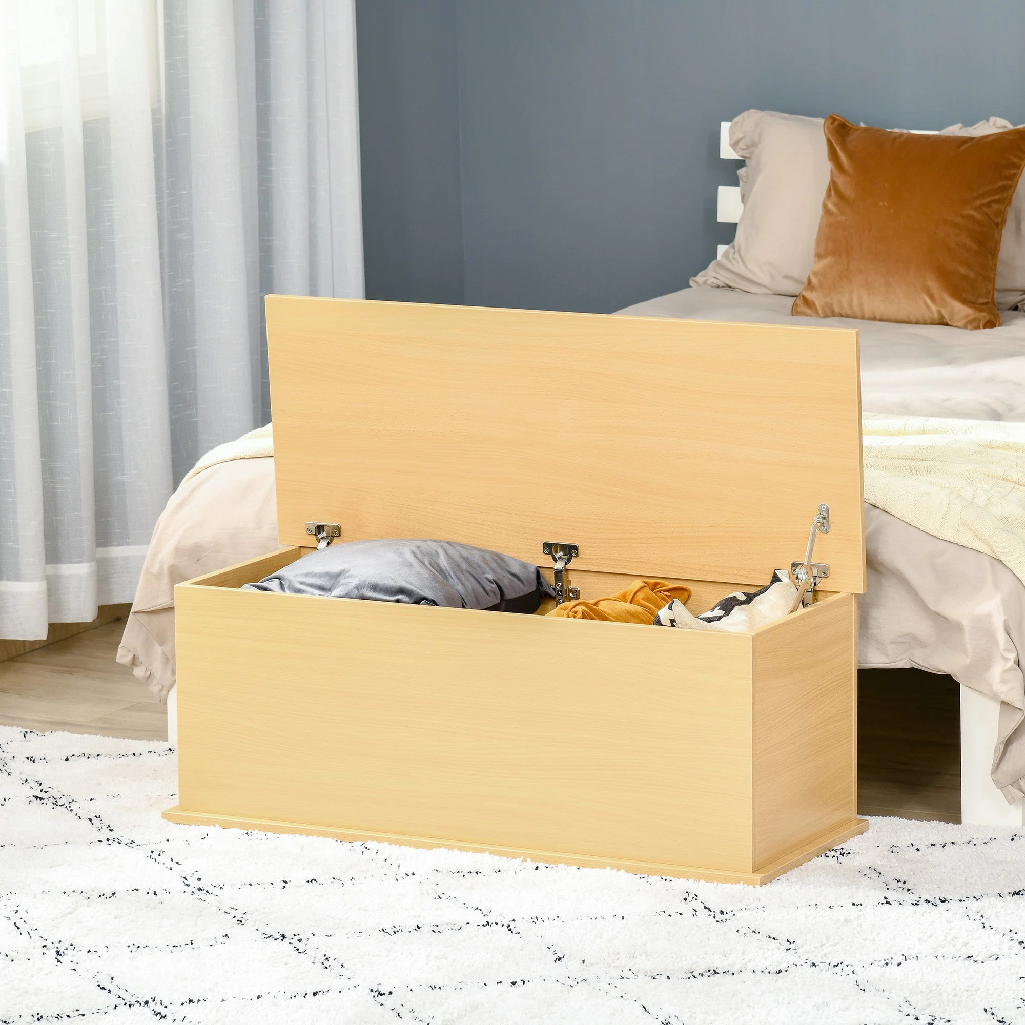 Wooden Storage Box Clothes Toy Chest Bench Seat Ottoman Bedding Blanket Trunk Container with Lid - Burlywood - Image 6