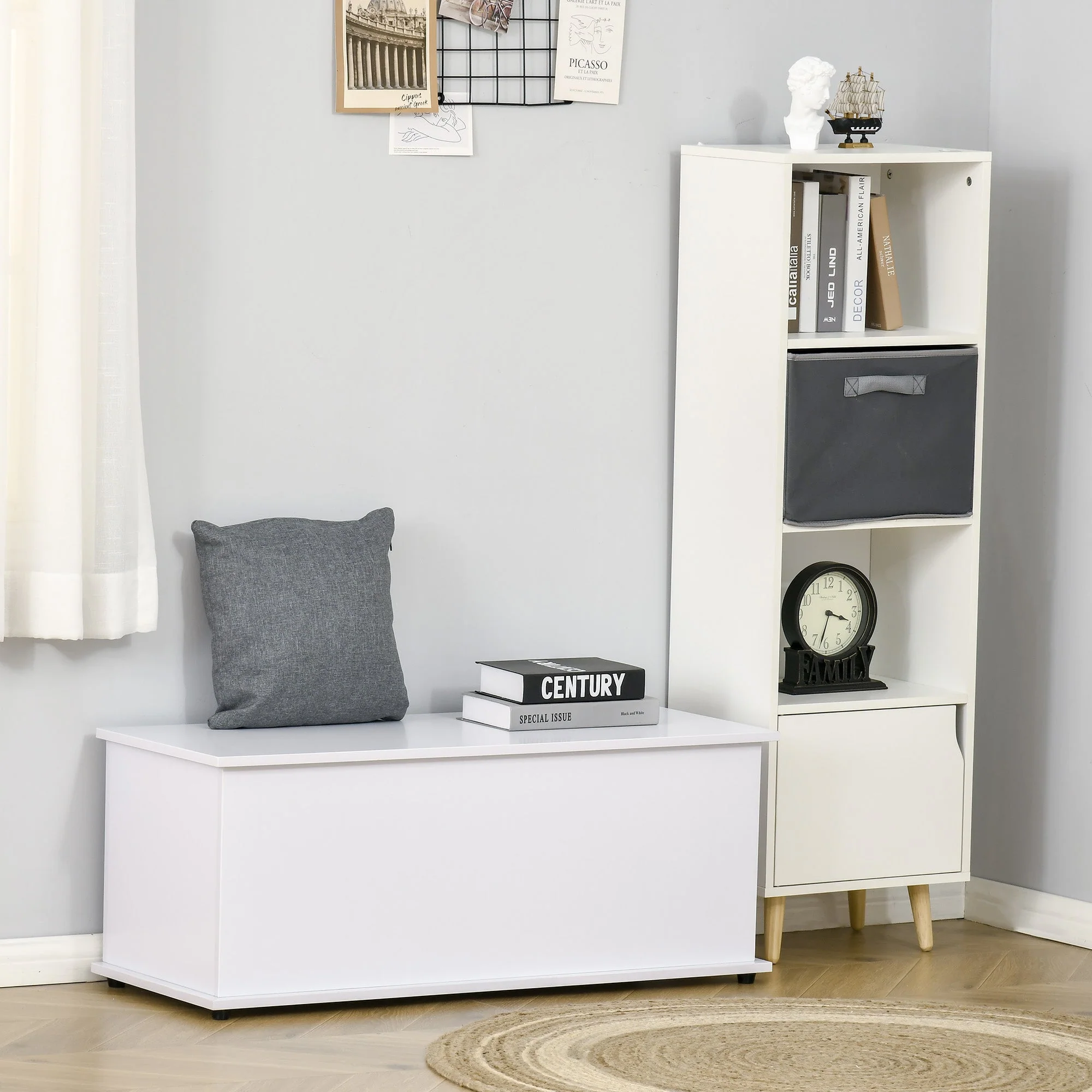 Wooden Storage Box Clothes Toy Chest Bench Seat Ottoman Bedding Blanket Trunk Container with Lid - White - Image 2