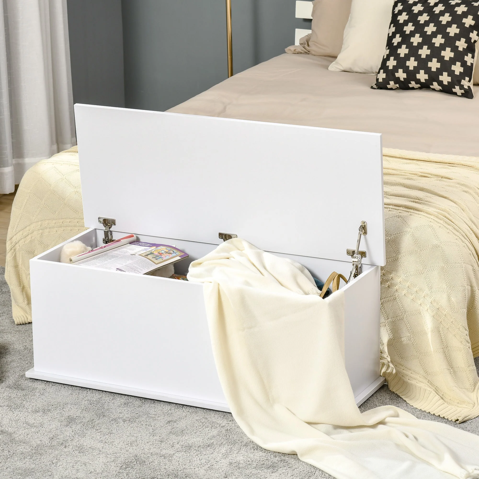 Wooden Storage Box Clothes Toy Chest Bench Seat Ottoman Bedding Blanket Trunk Container with Lid - White - Image 6