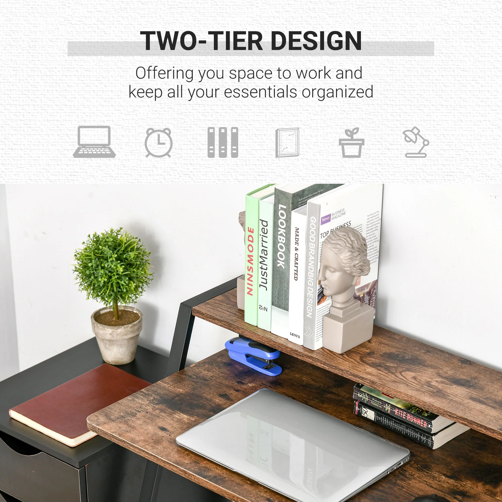 Writing Desk Computer Table Home Office PC Laptop Workstation Storage Shelf Rustic Brown - Image 4