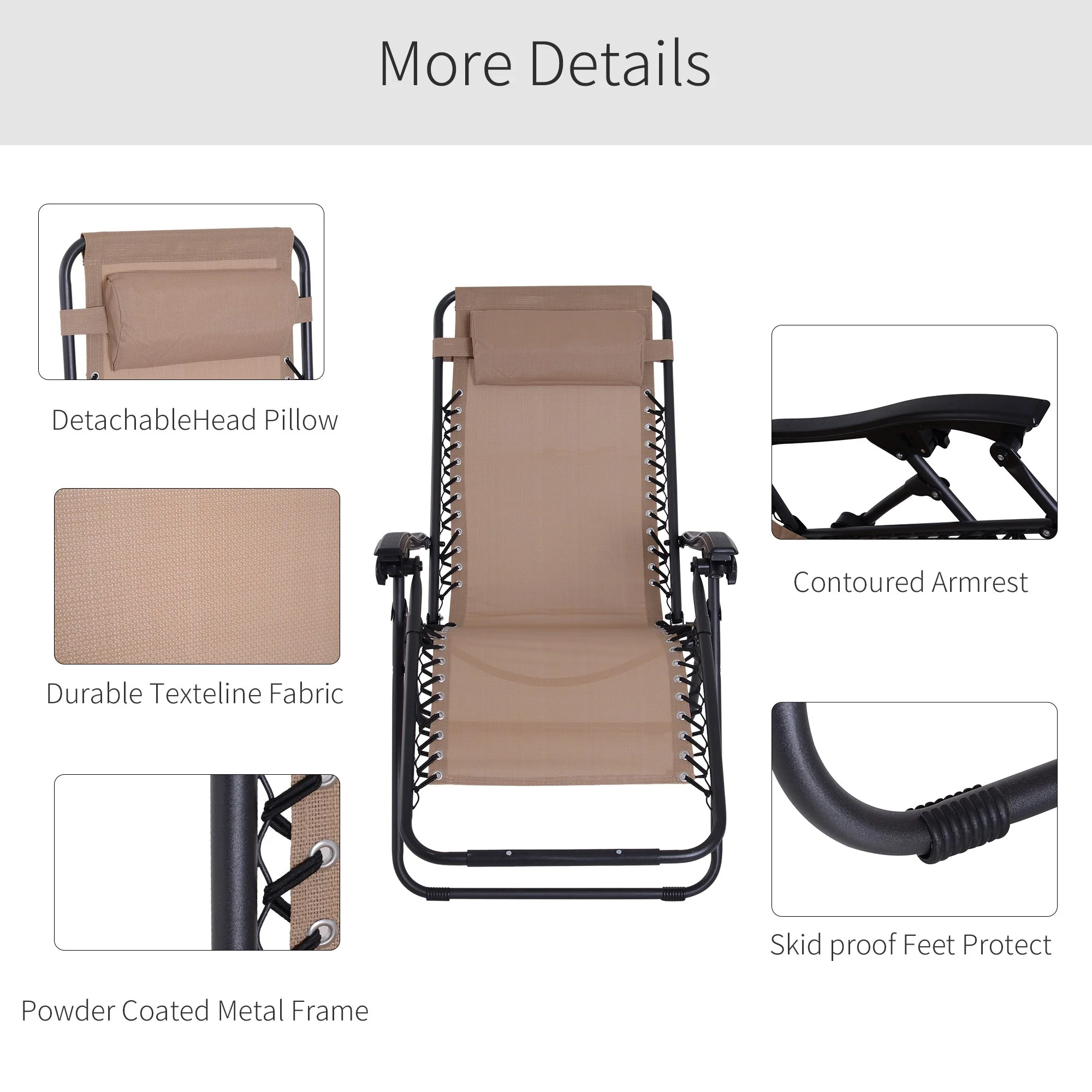Zero Gravity Chair Metal Frame Texteline Armchair Outdoor Folding & Reclining Sun Lounger with Head Pillow for Patio Decking Gardens Camping - Image 6