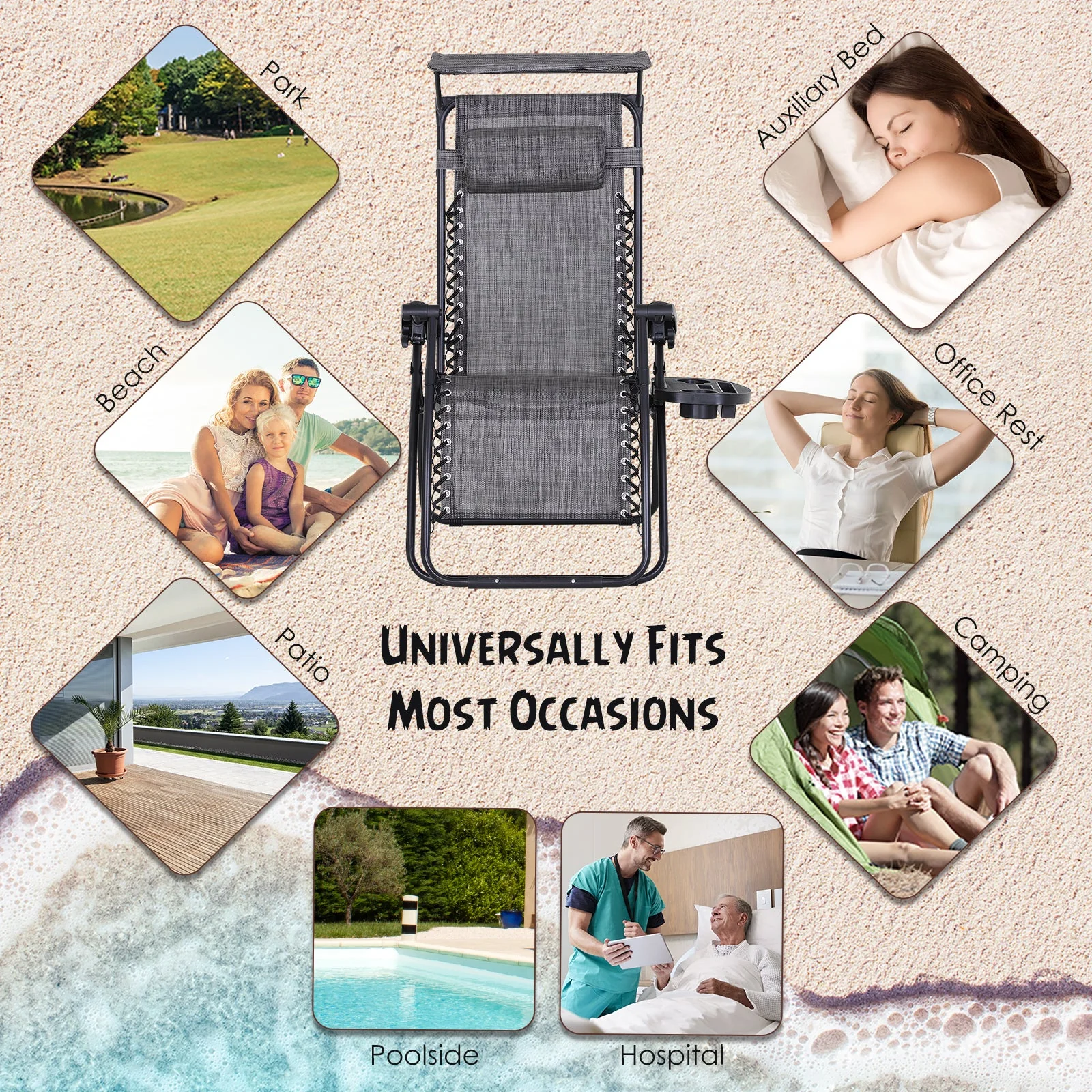 Zero Gravity Garden Deck Folding Chair Texteline Patio Sun Adjustable Lounger Reclining Seat with Cup Holder & Canopy Shade - Grey - Image 4