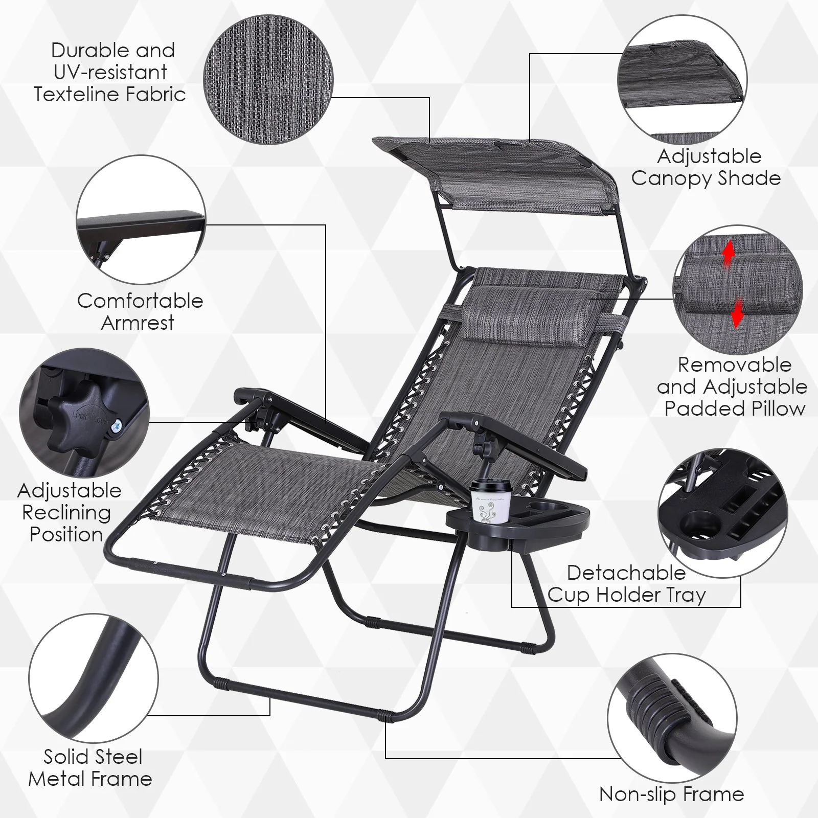 Zero Gravity Garden Deck Folding Chair Texteline Patio Sun Adjustable Lounger Reclining Seat with Cup Holder & Canopy Shade - Grey - Image 6