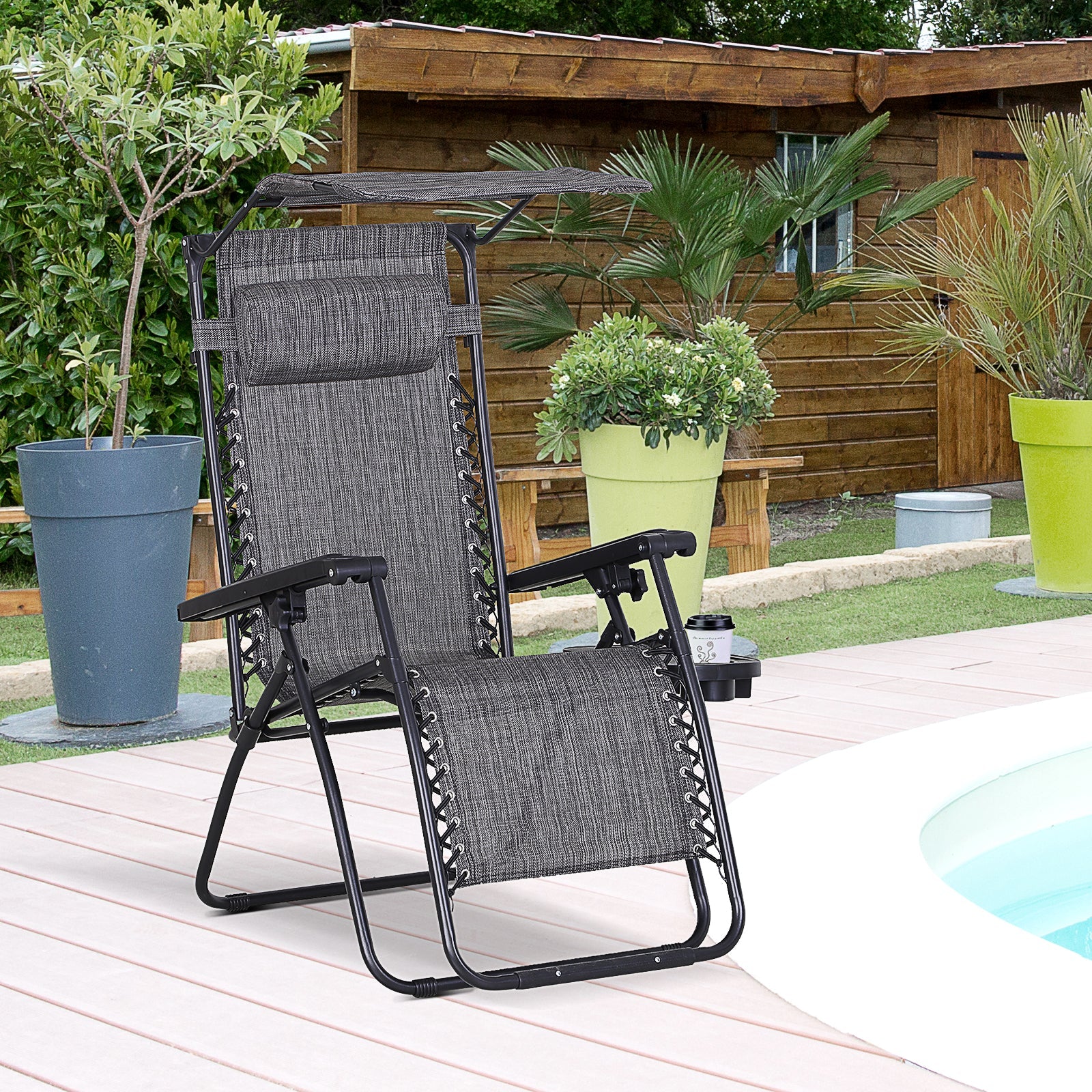 Zero Gravity Garden Deck Folding Chair Texteline Patio Sun Adjustable Lounger Reclining Seat with Cup Holder & Canopy Shade - Grey - Image 9
