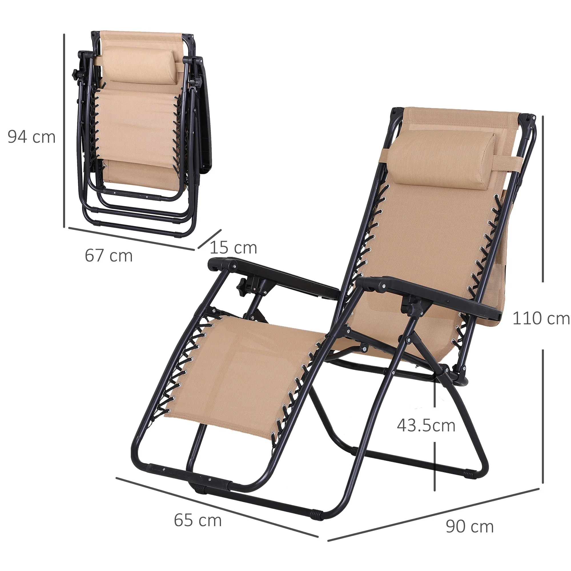 Zero Gravity Garden Deck Folding Chair Texteline Patio Sun Lounger Reclining Seat with Cup Holder & Canopy Shade - Beige - Image 3