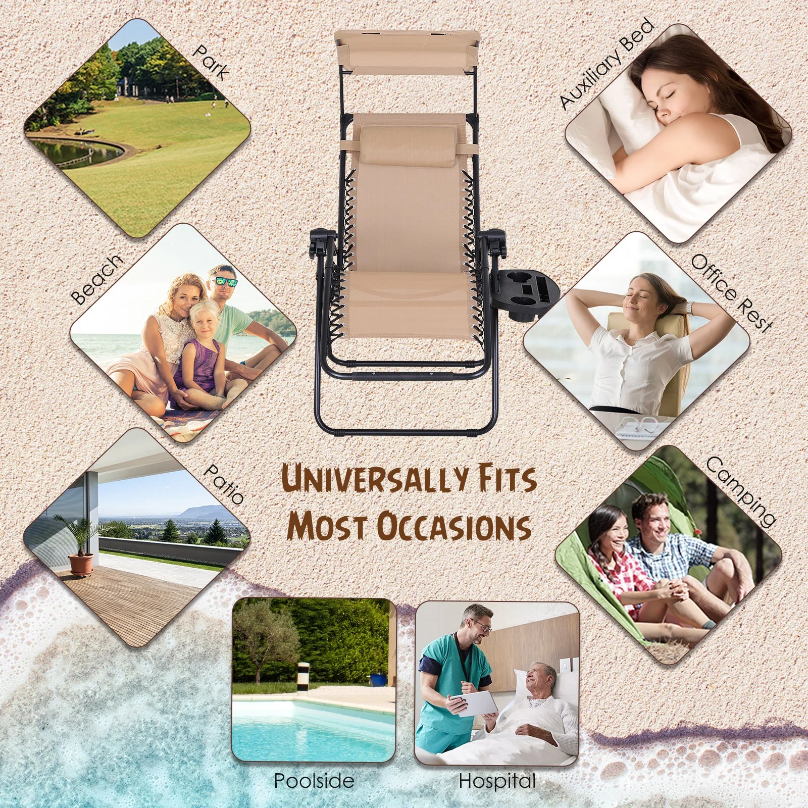 Zero Gravity Garden Deck Folding Chair Texteline Patio Sun Lounger Reclining Seat with Cup Holder & Canopy Shade - Beige - Image 4