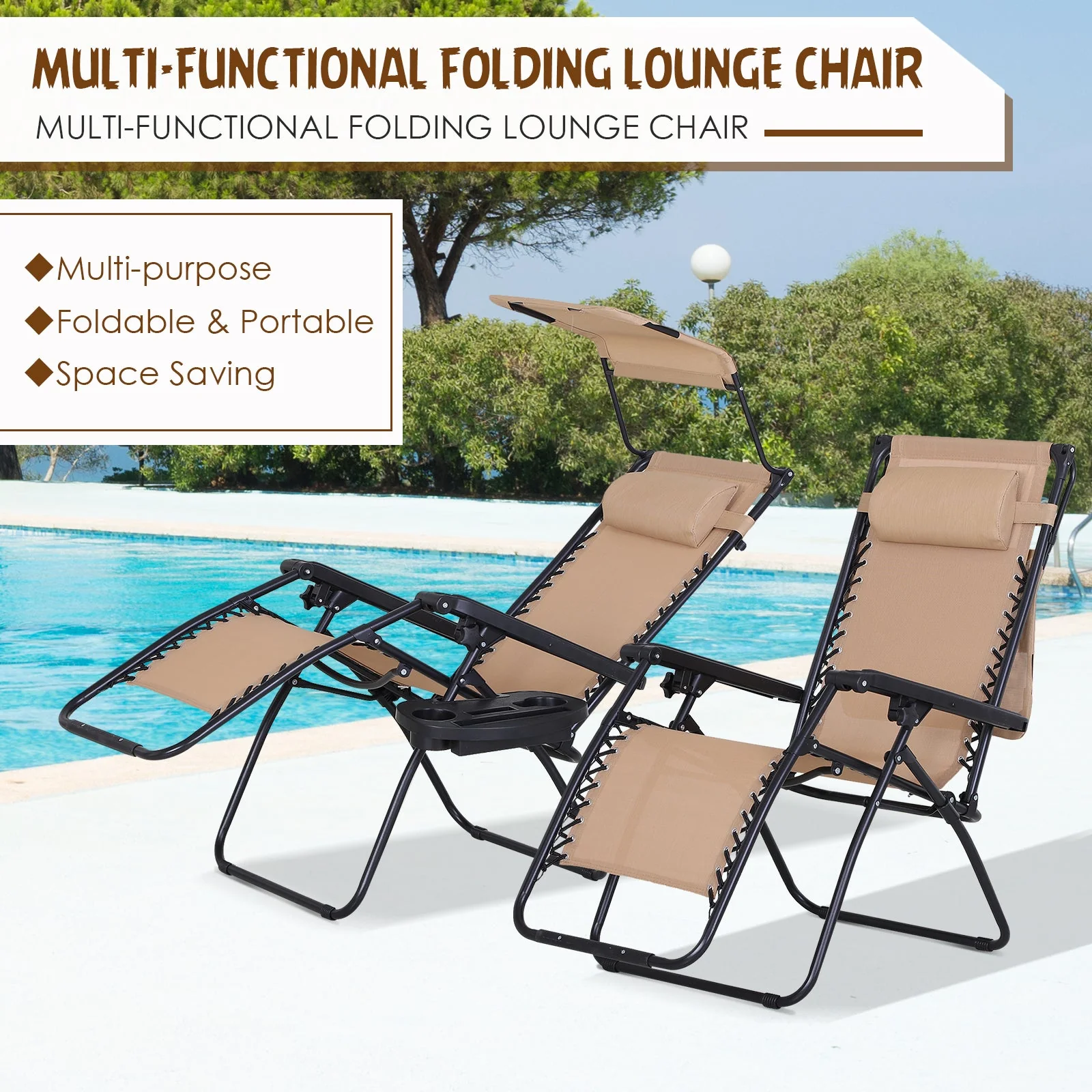Zero Gravity Garden Deck Folding Chair Texteline Patio Sun Lounger Reclining Seat with Cup Holder & Canopy Shade - Beige - Image 5
