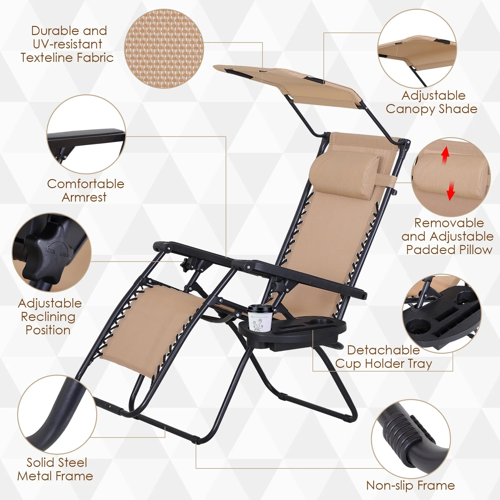 Zero Gravity Garden Deck Folding Chair Texteline Patio Sun Lounger Reclining Seat with Cup Holder & Canopy Shade - Beige - Image 6