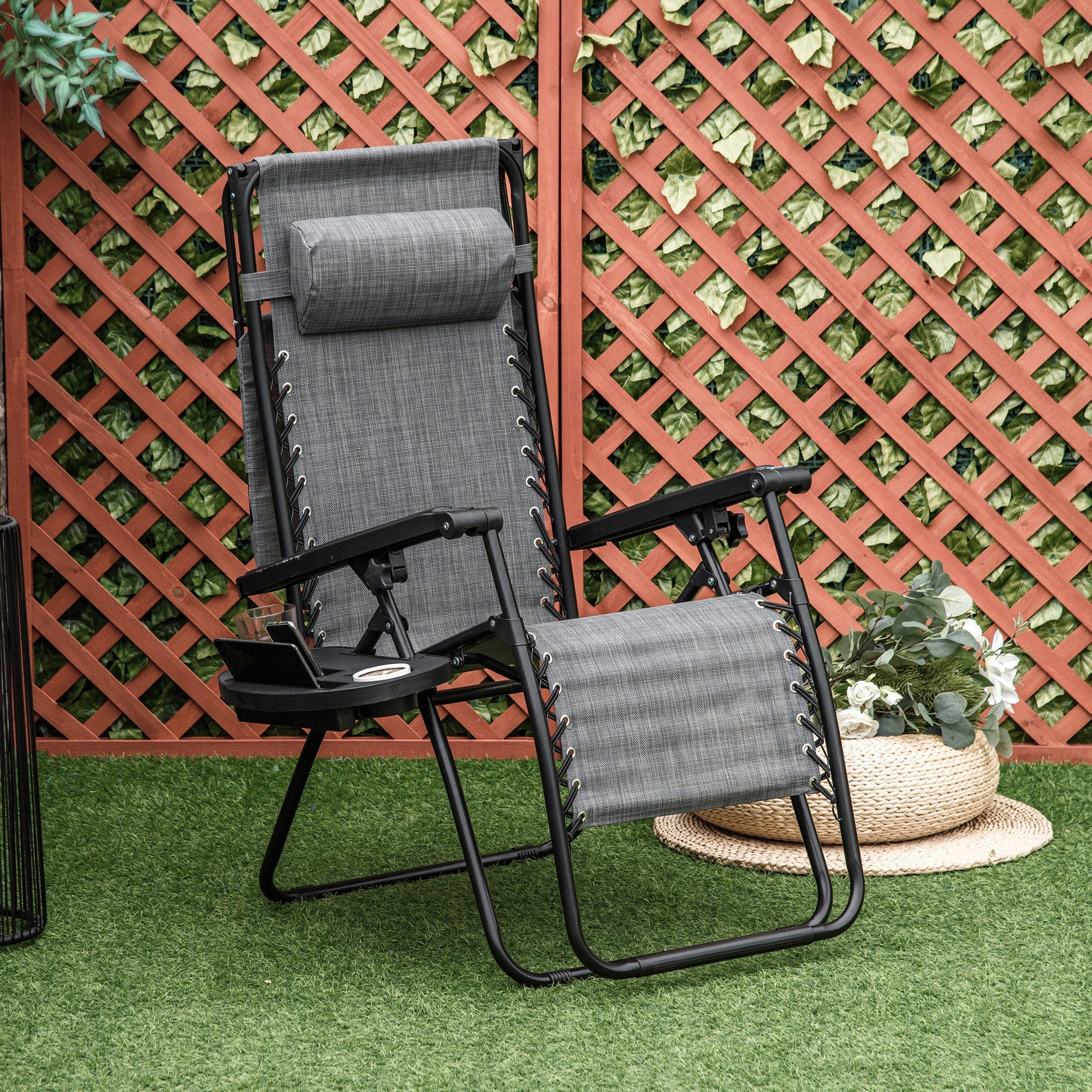 Zero Gravity Garden Deck Folding Chair Texteline Patio Sun Lounger Reclining Seat with Cup Holder & Canopy Shade - Grey - Image 2
