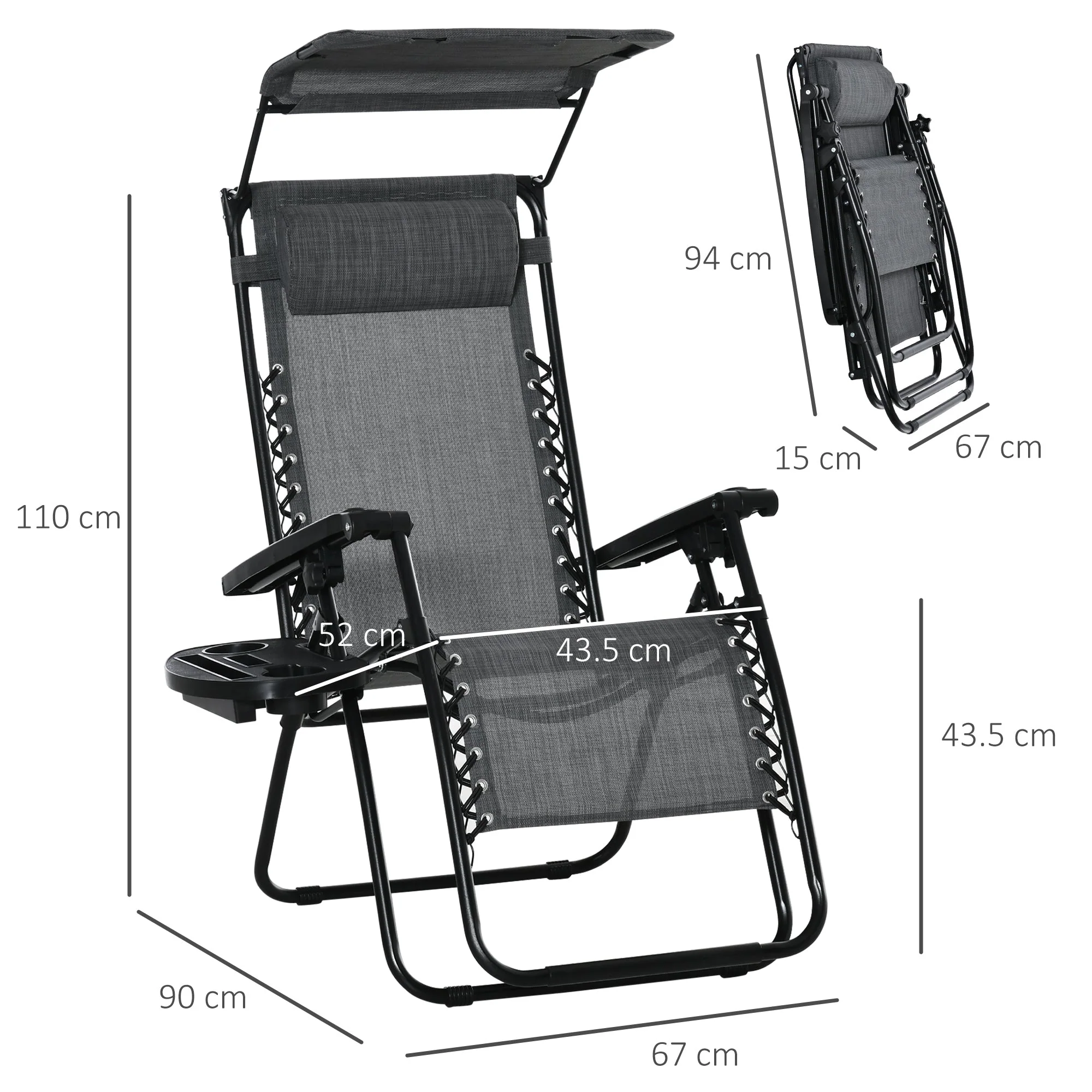 Zero Gravity Garden Deck Folding Chair Texteline Patio Sun Lounger Reclining Seat with Cup Holder & Canopy Shade - Grey - Image 3